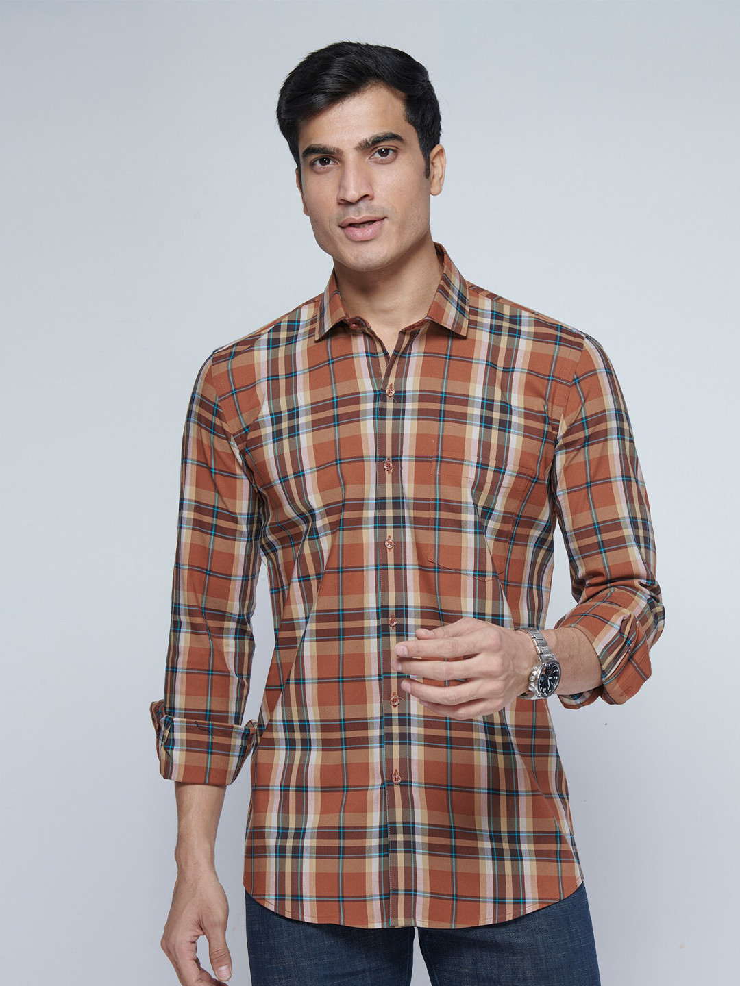 MARK & ALBERT Spread Collar Slim Fit Tartan Checked Cotton Casual Shirt