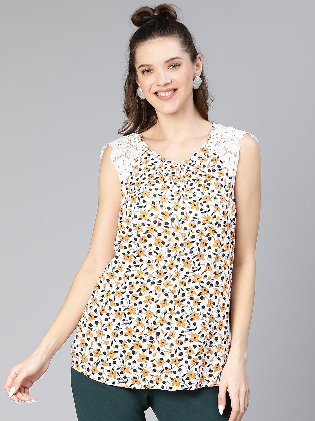 Oxolloxo Round Neck Floral Printed Lace Crepe Top