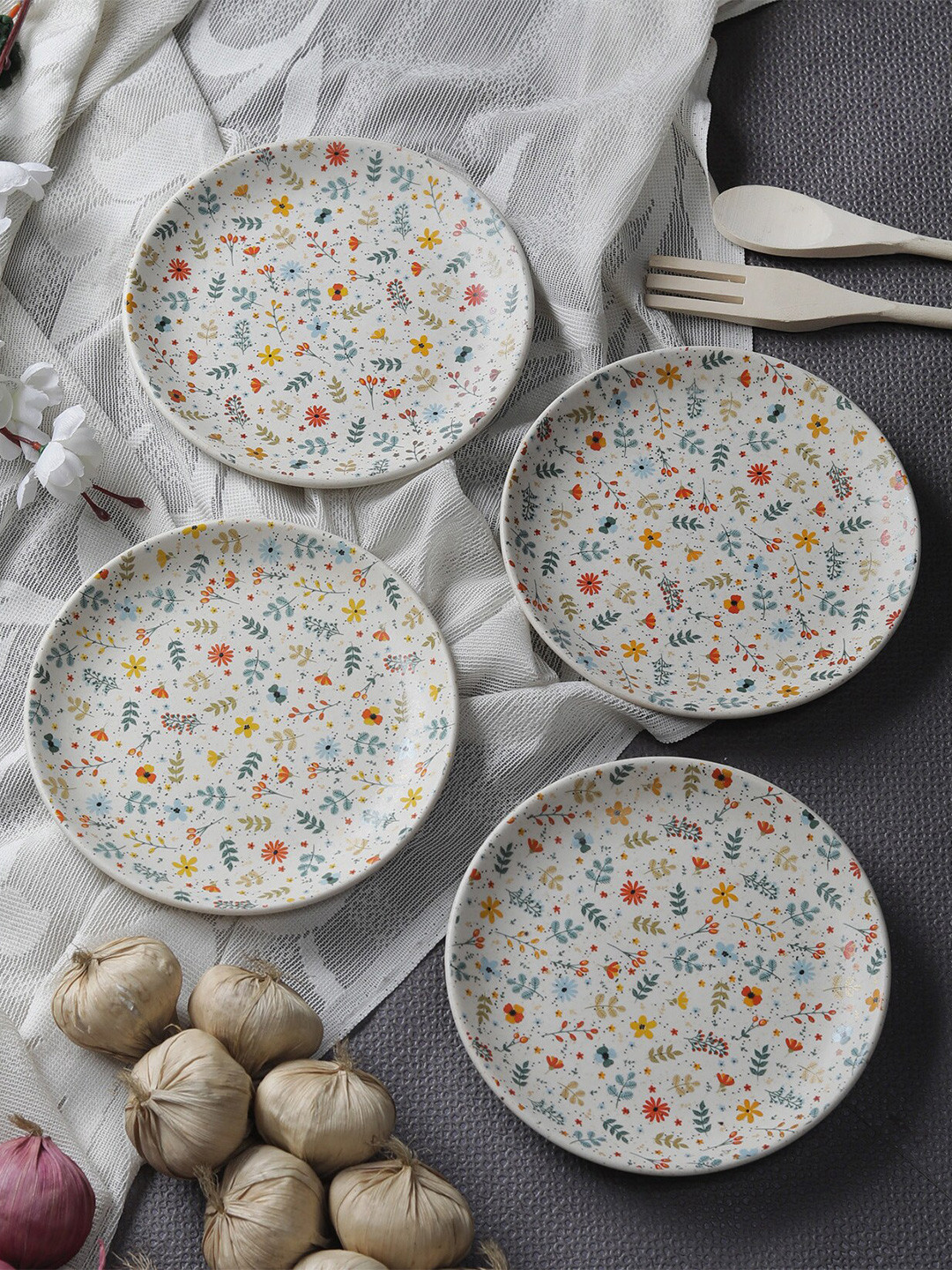 MIAH Decor Spring Collection Off White & Blue 4 Pcs Floral Printed Stoneware Plates