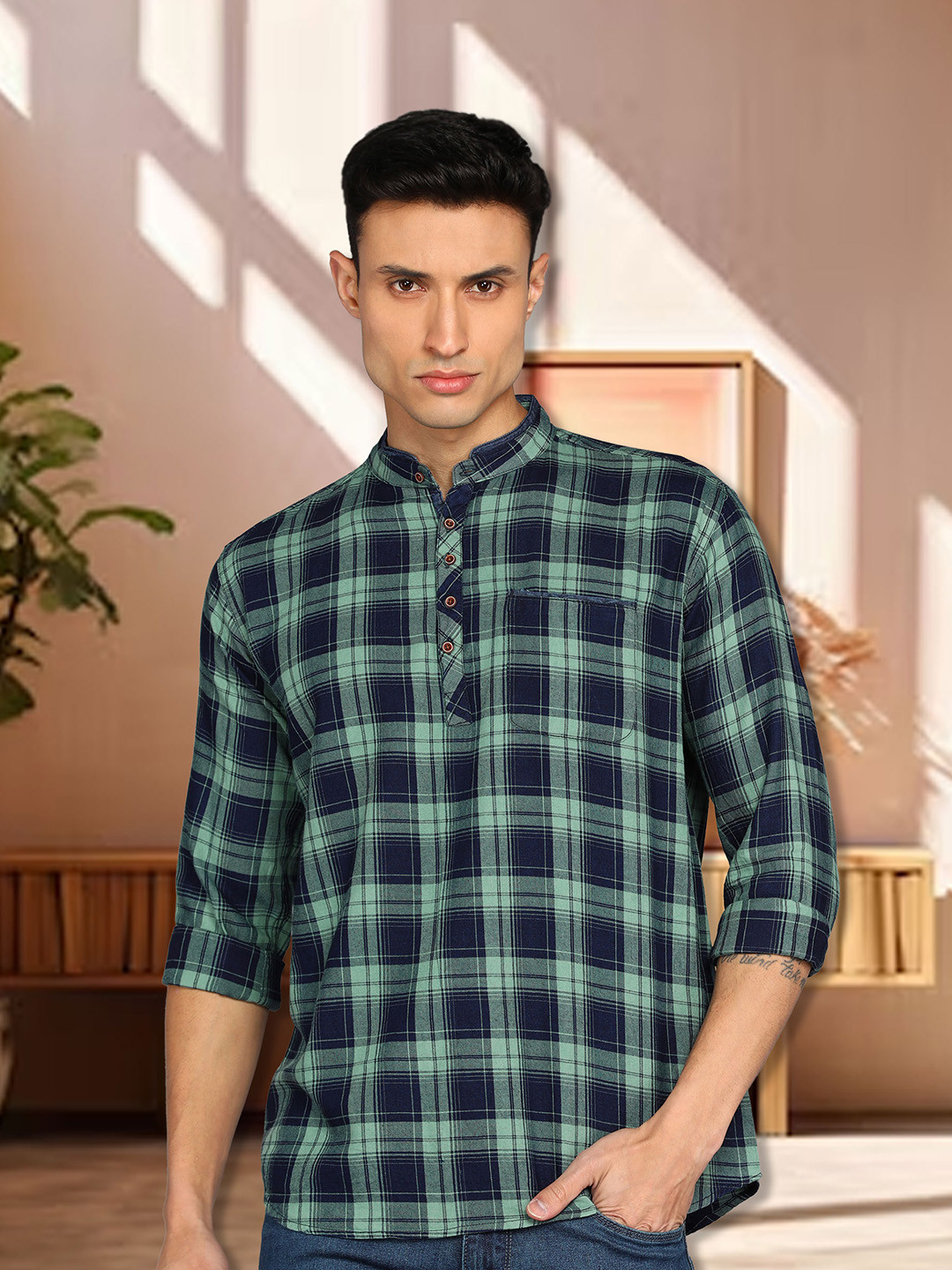Kuons Avenue Men Checked Cotton Mandarin Collar Kurta