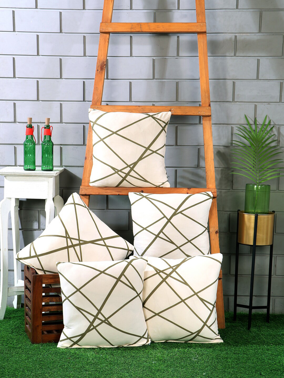 Nendle Beige & Green 5 Pcs Striped Square Cushion Covers