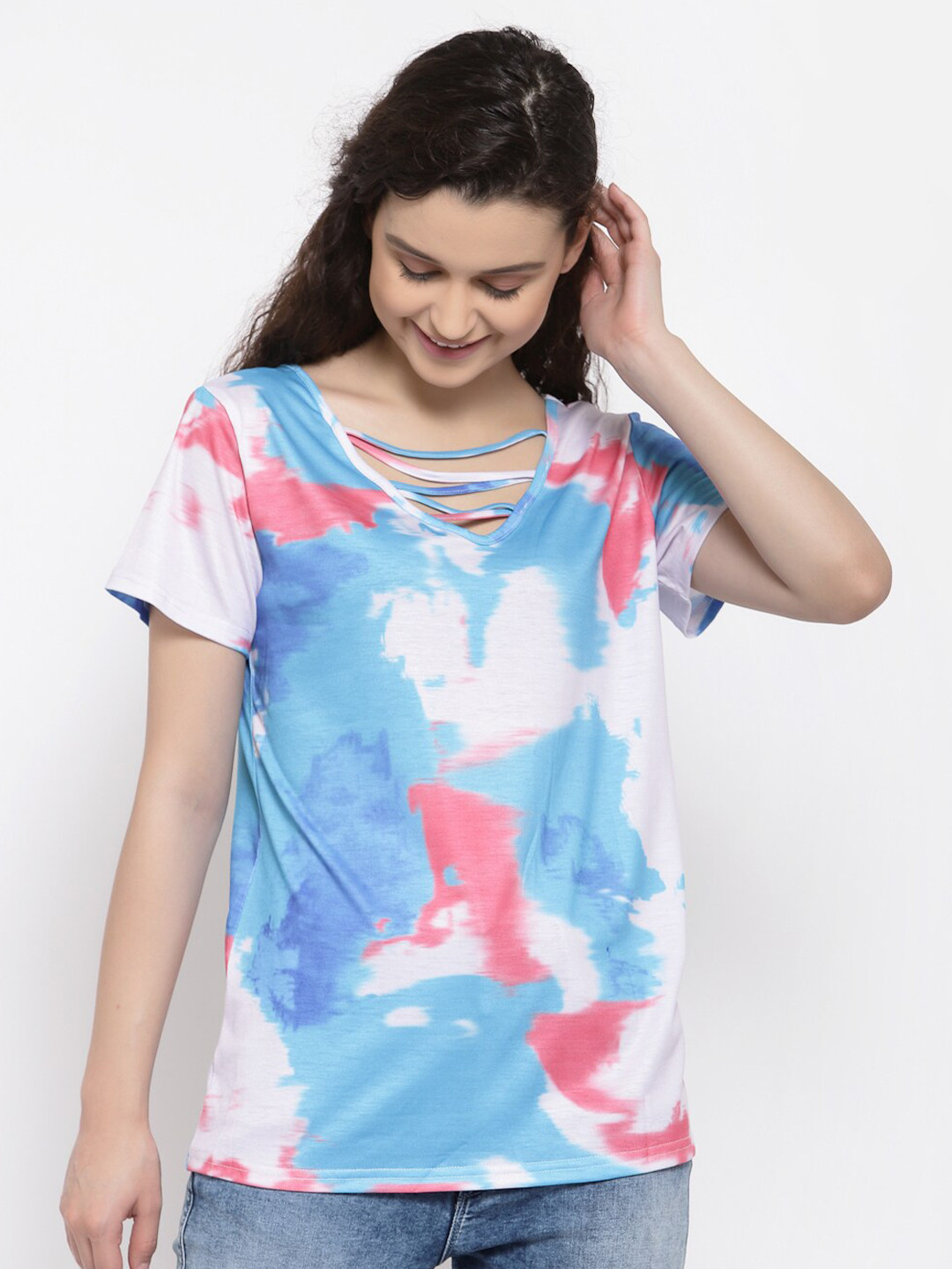 iki chic Tie Dye Print Criss Cross Short Sleeve Top