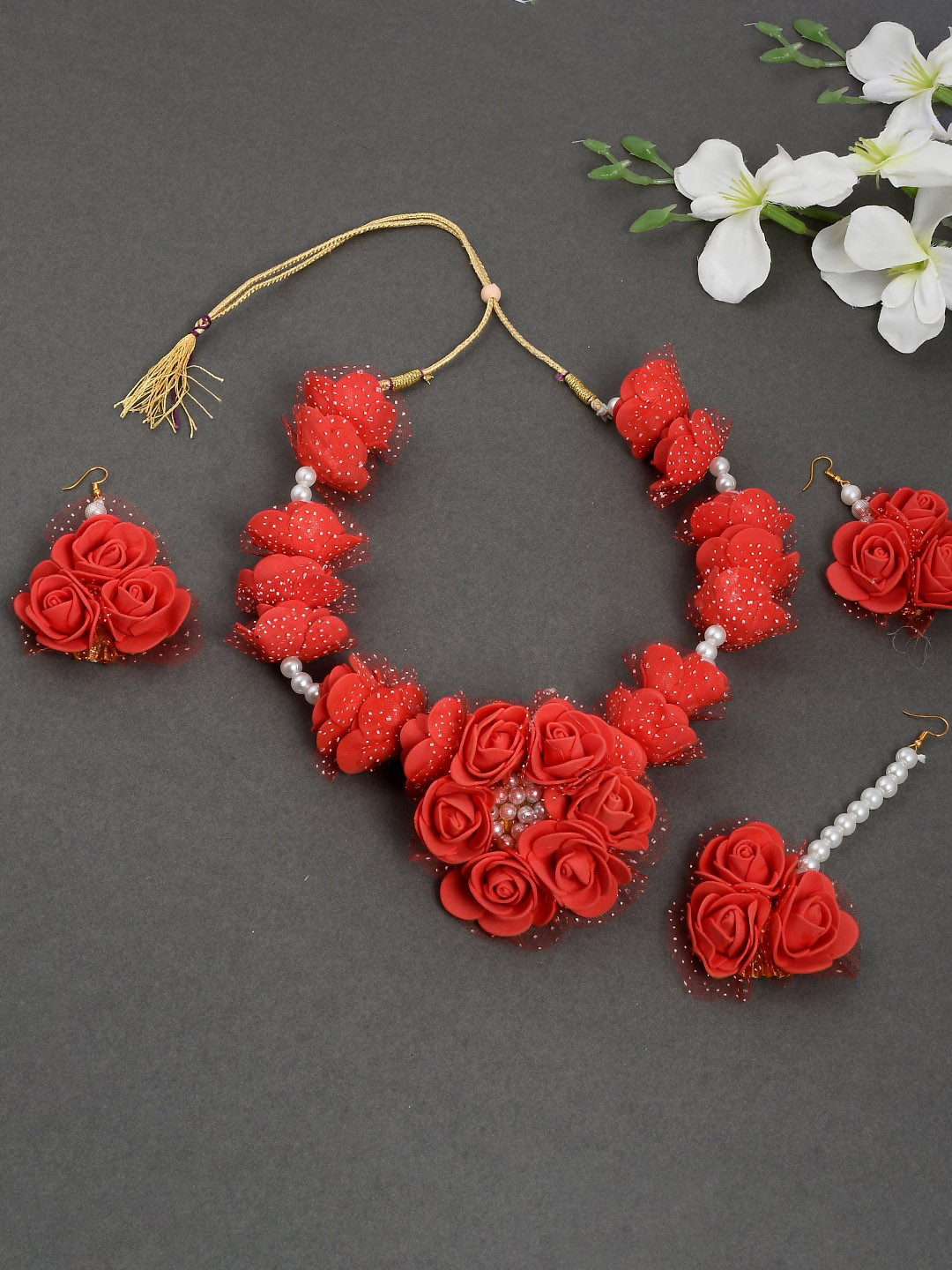 Silvermerc Designs Floral Pearl-Beaded Haldi & Mehendi Jewellery Set