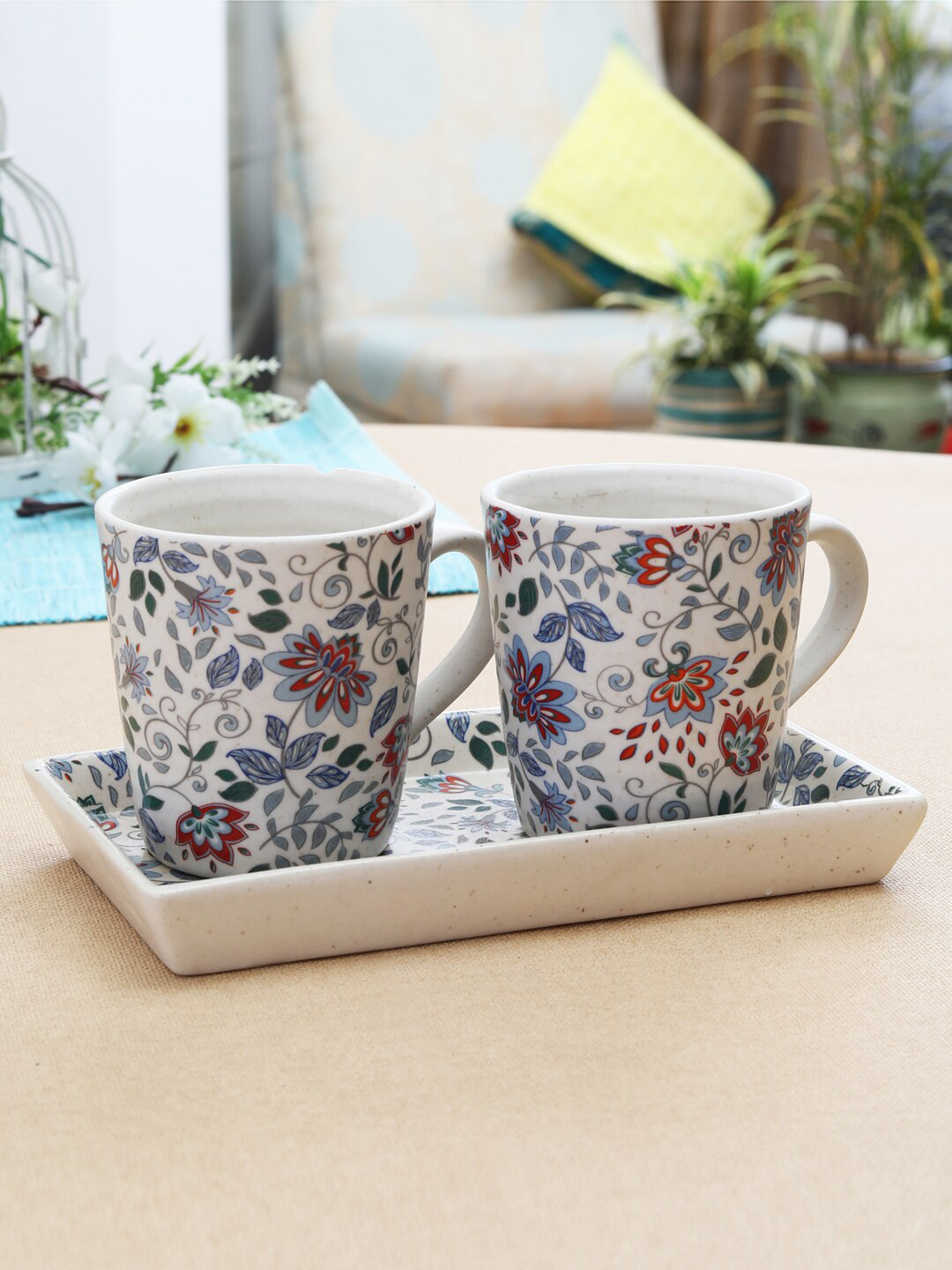 MIAH Decor Rakshabandhan Gift Off White Floral Stoneware Handmade 2 Piece Mug with Tray-300ml