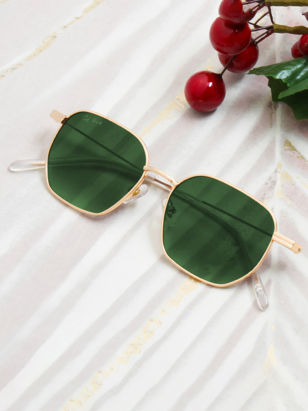 Ted Smith Unisex Gold-Green Hexagon Sunglasses With UV Protected Lens