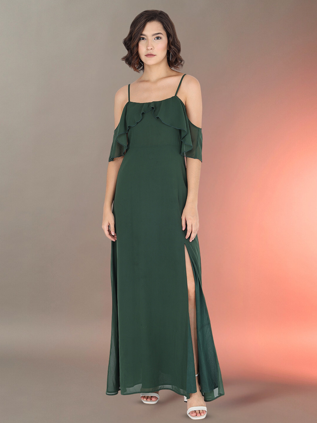 Trend Arrest Cold-Shoulder Sleeves Ruffles Fit & Flare Maxi Dress