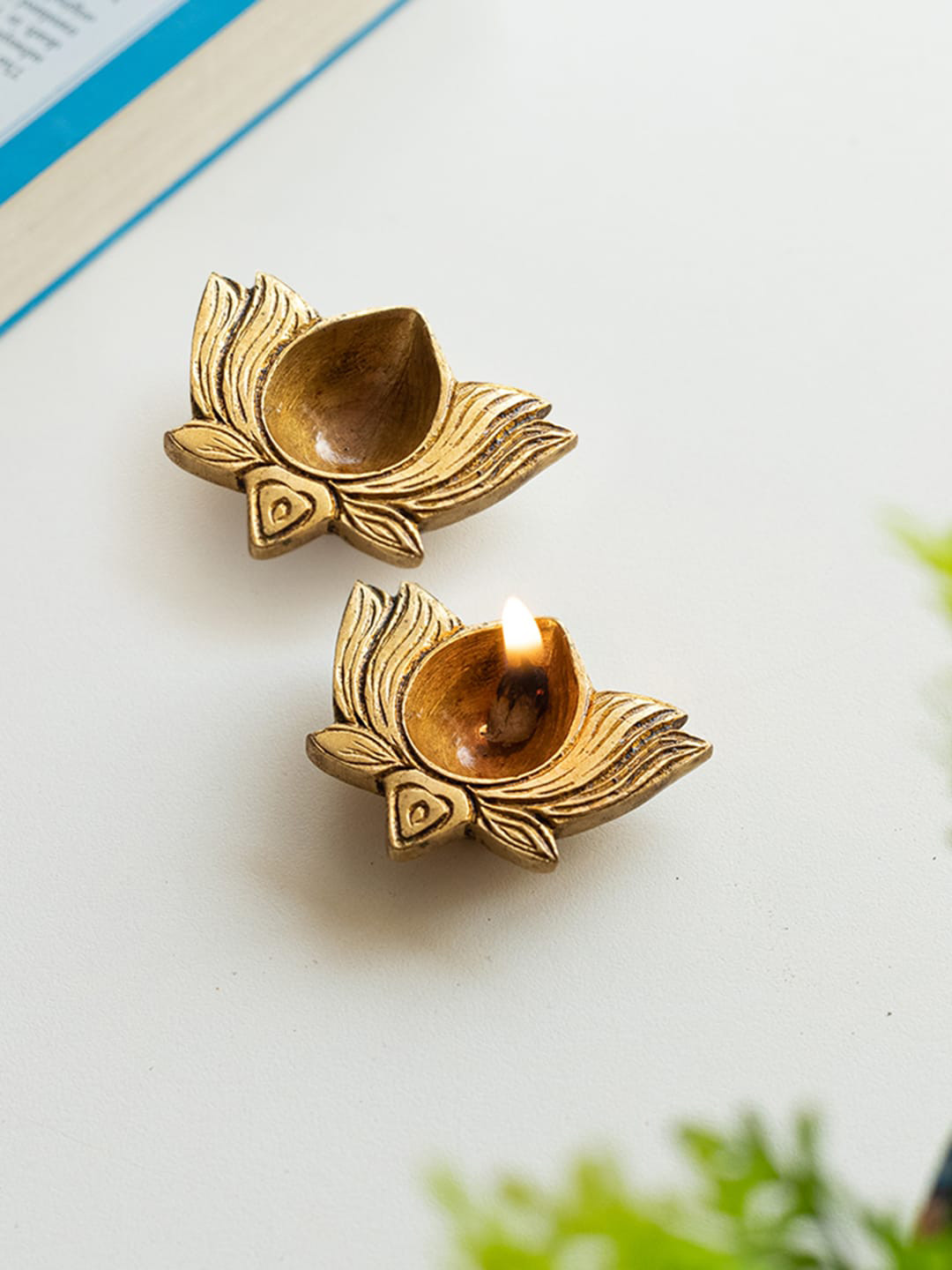 ExclusiveLane Gold-Toned Lotus Shaped Textured Brass Diya