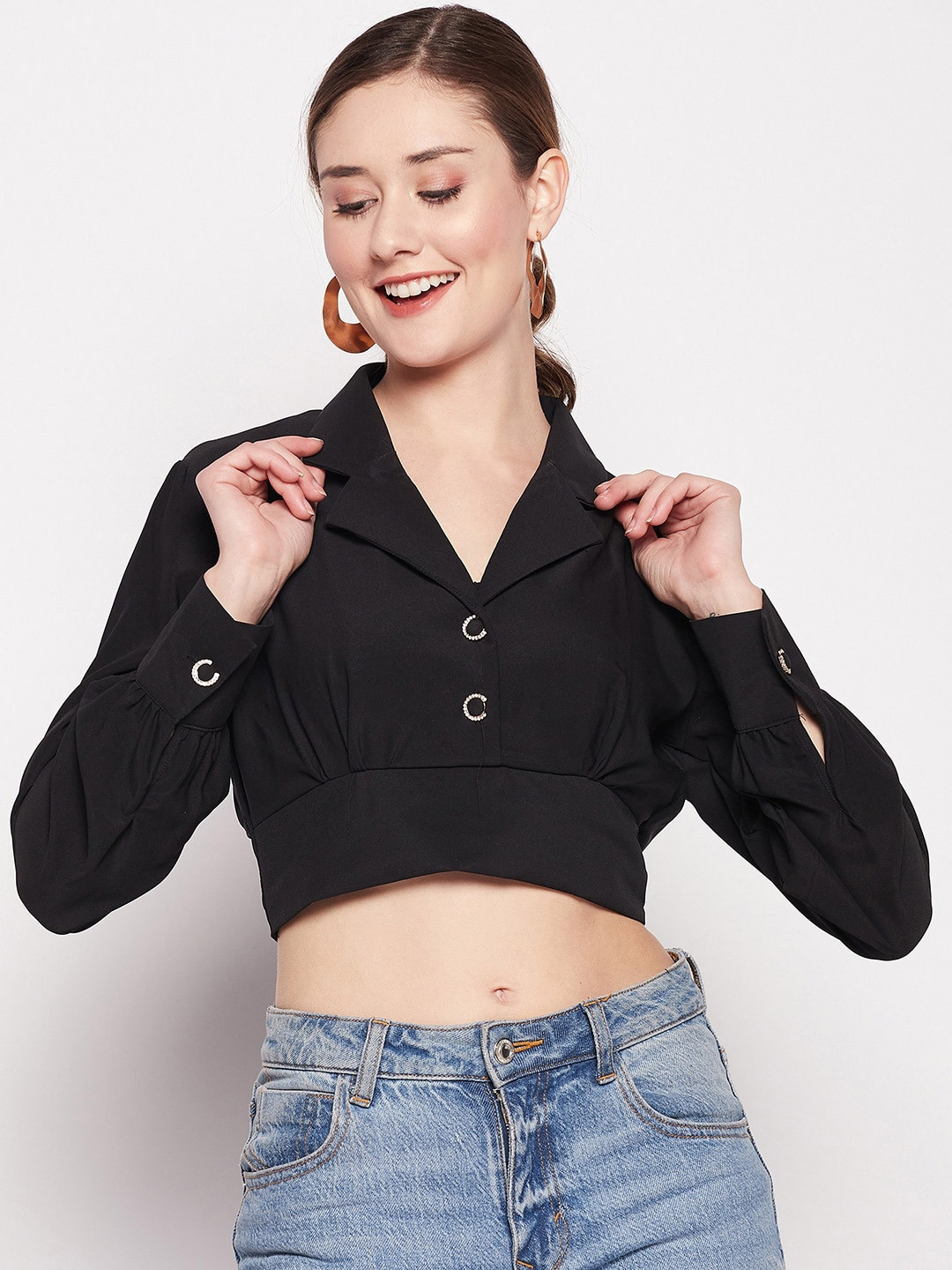 Madame Lapel Collar Backed Tie Ups Shirt Style Crop Top