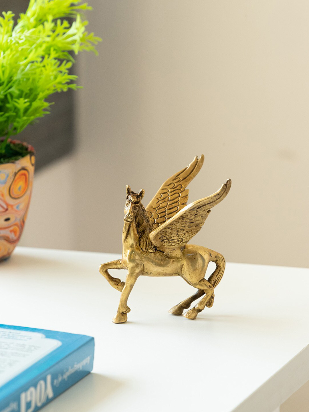 ExclusiveLane Gold-Toned Textured Flying Angel Horse Figurine Brass Showpiece