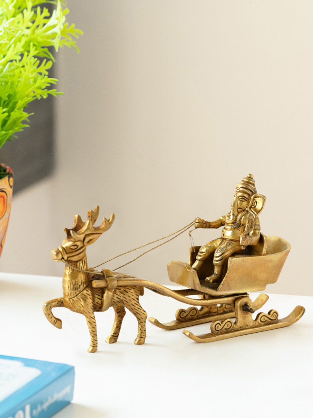 ExclusiveLane Chariot Ganesha Gold Brass Metallic Living Room Small Showpiece - 6.7 Inches