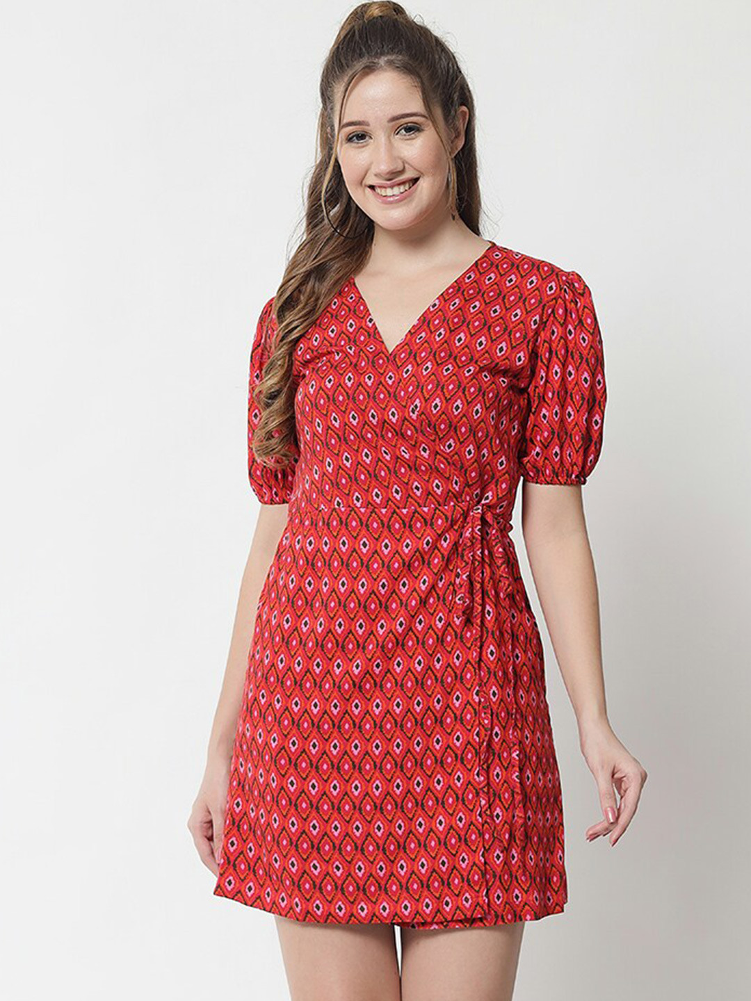 Trend Arrest V-Neck Puff Sleeves Wrap Dress