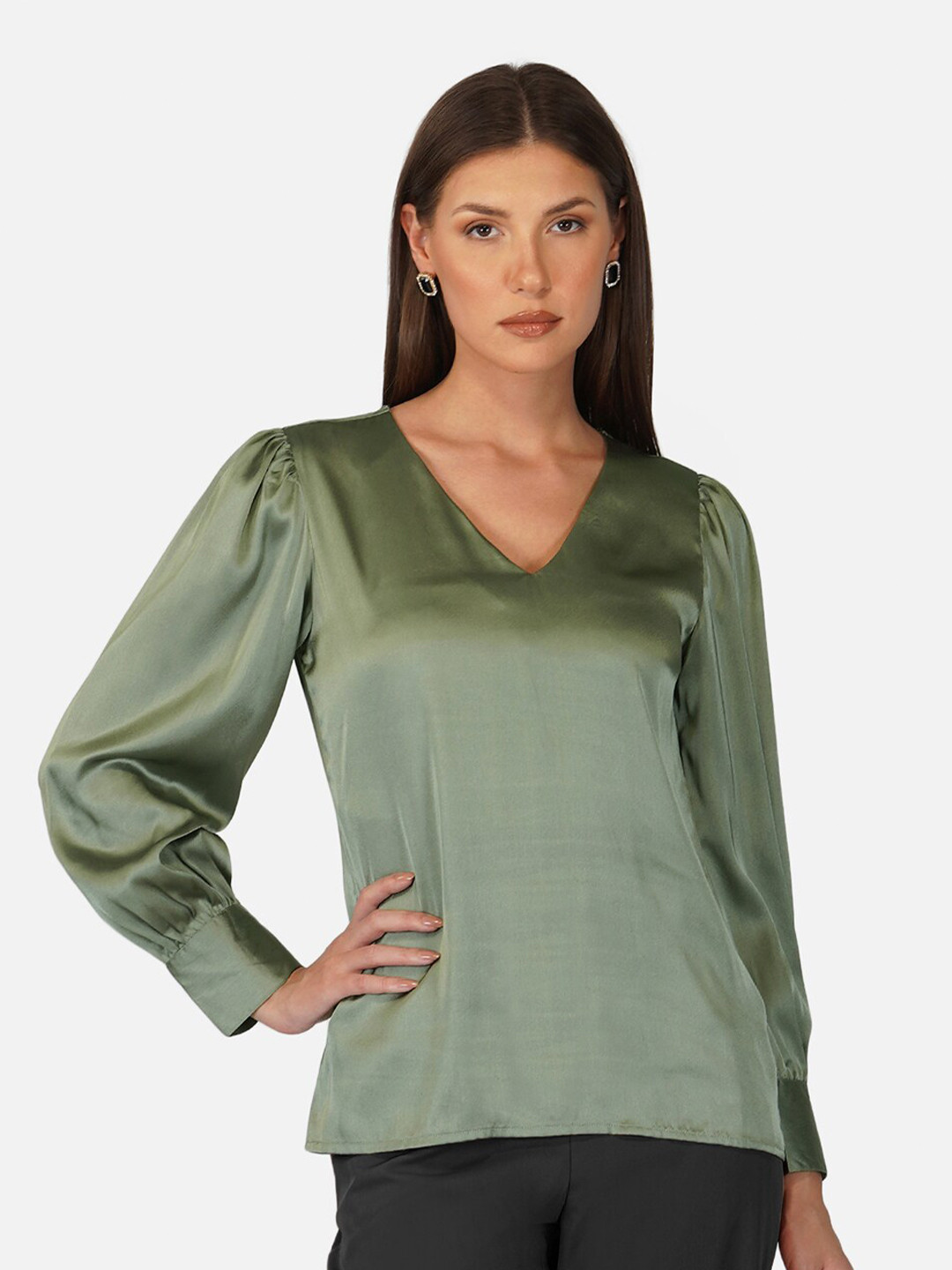 PURYS V Neck Cuff Sleeves Satin Top