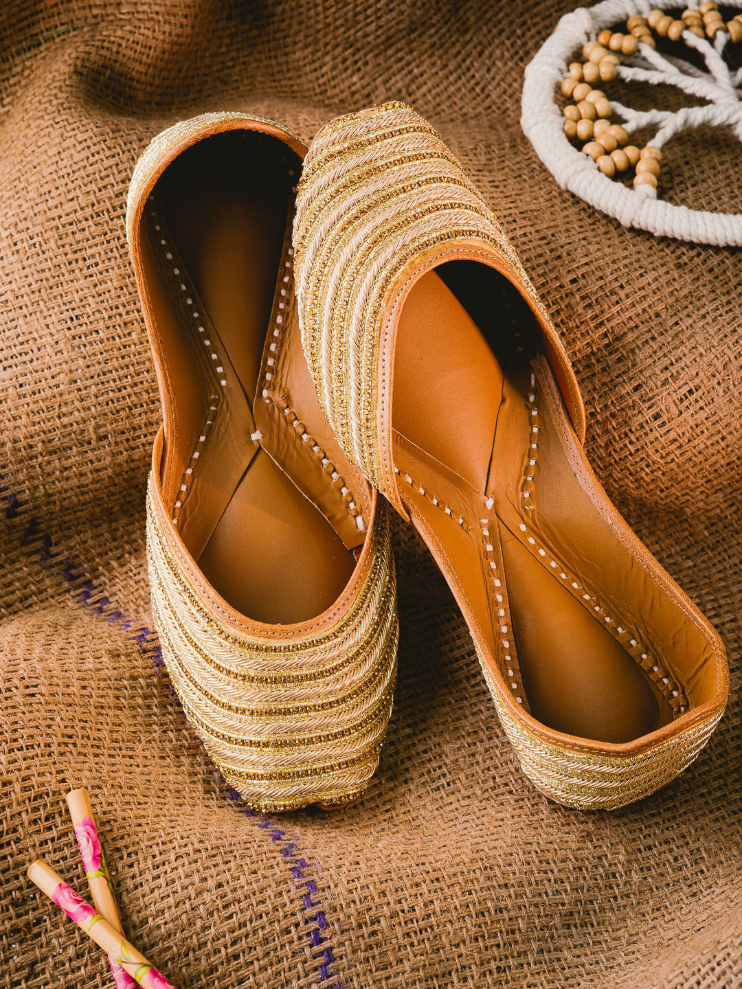 NR By Nidhi Rathi Gold Embellished Ethnic Leather Mojaris Flats