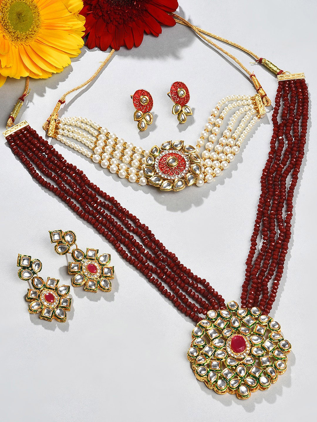 SOHI Set Of 2 Gold-Plated Kundan-Studded Long & Choker Necklace & Earrings Set