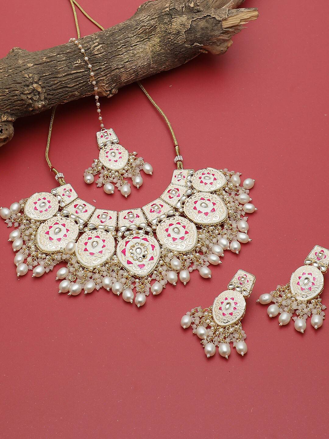 SOHI Gold-Plated Stone Studded & Beaded Necklace & Earrings With Maang Tikka Set