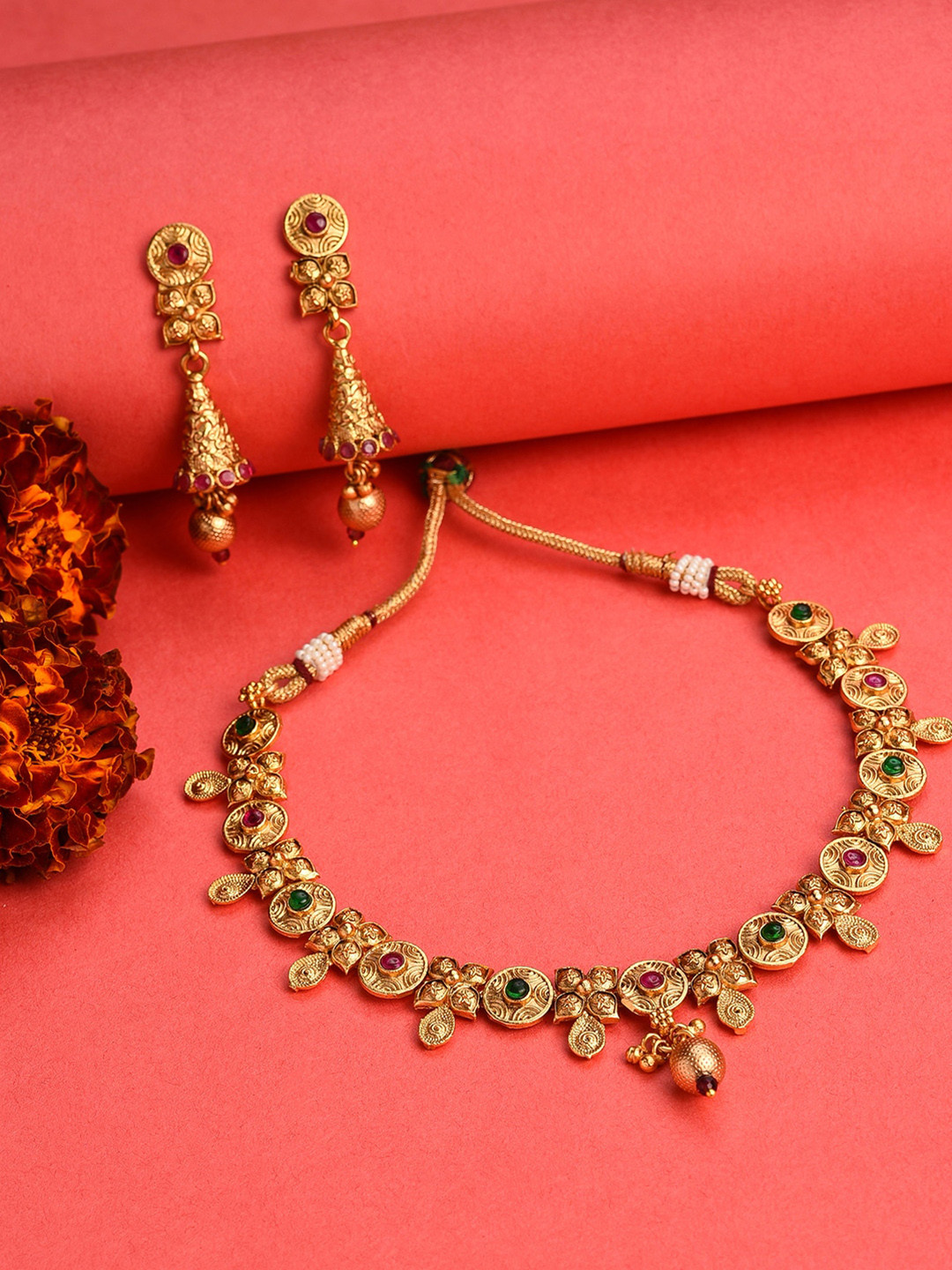 SOHI Gold-Plated Stones Studded Necklace & Earrings Set