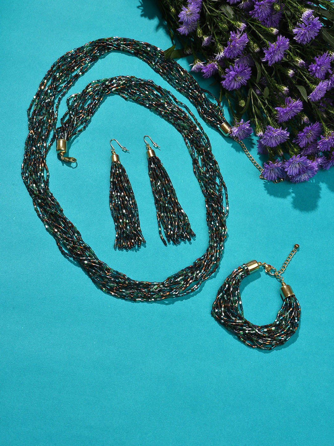 SOHI Gold-Plated Green Beaded Necklace & Earrings Set