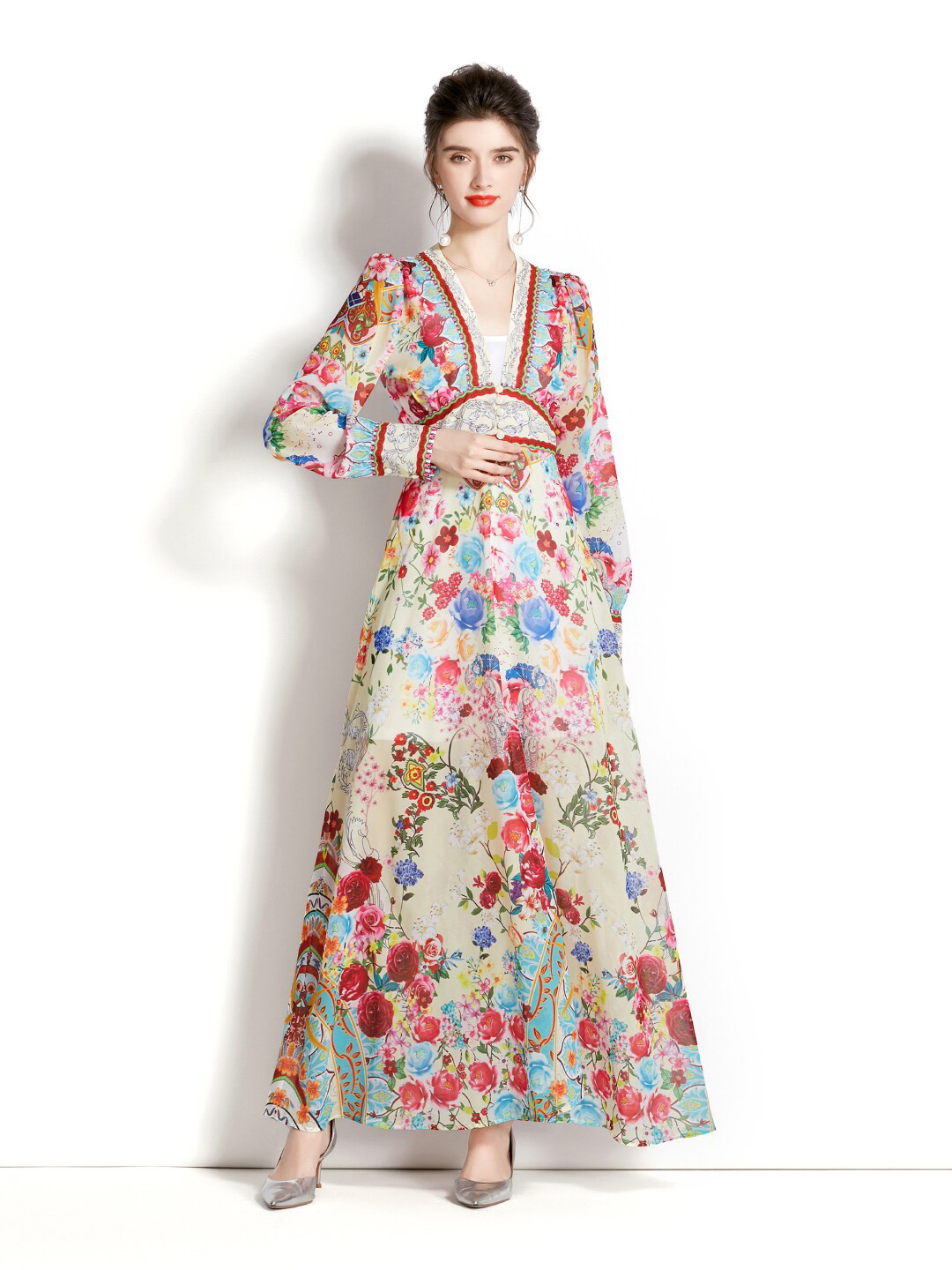JC Collection V-Neck Floral Printed Maxi Dress