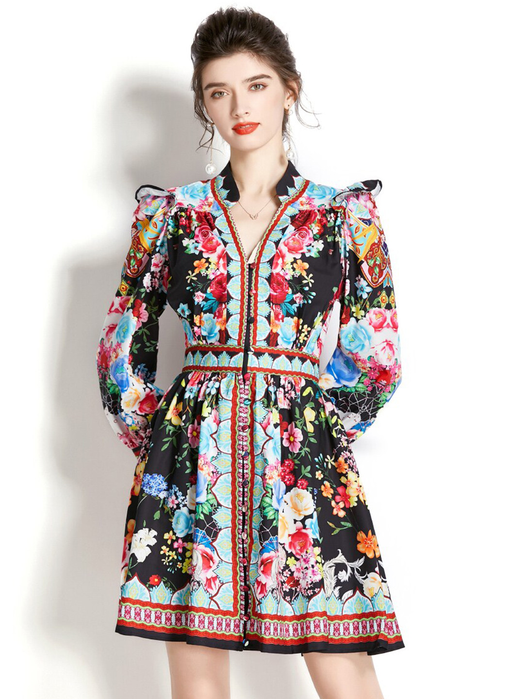 JC Collection Mandarin Collar Floral Dress