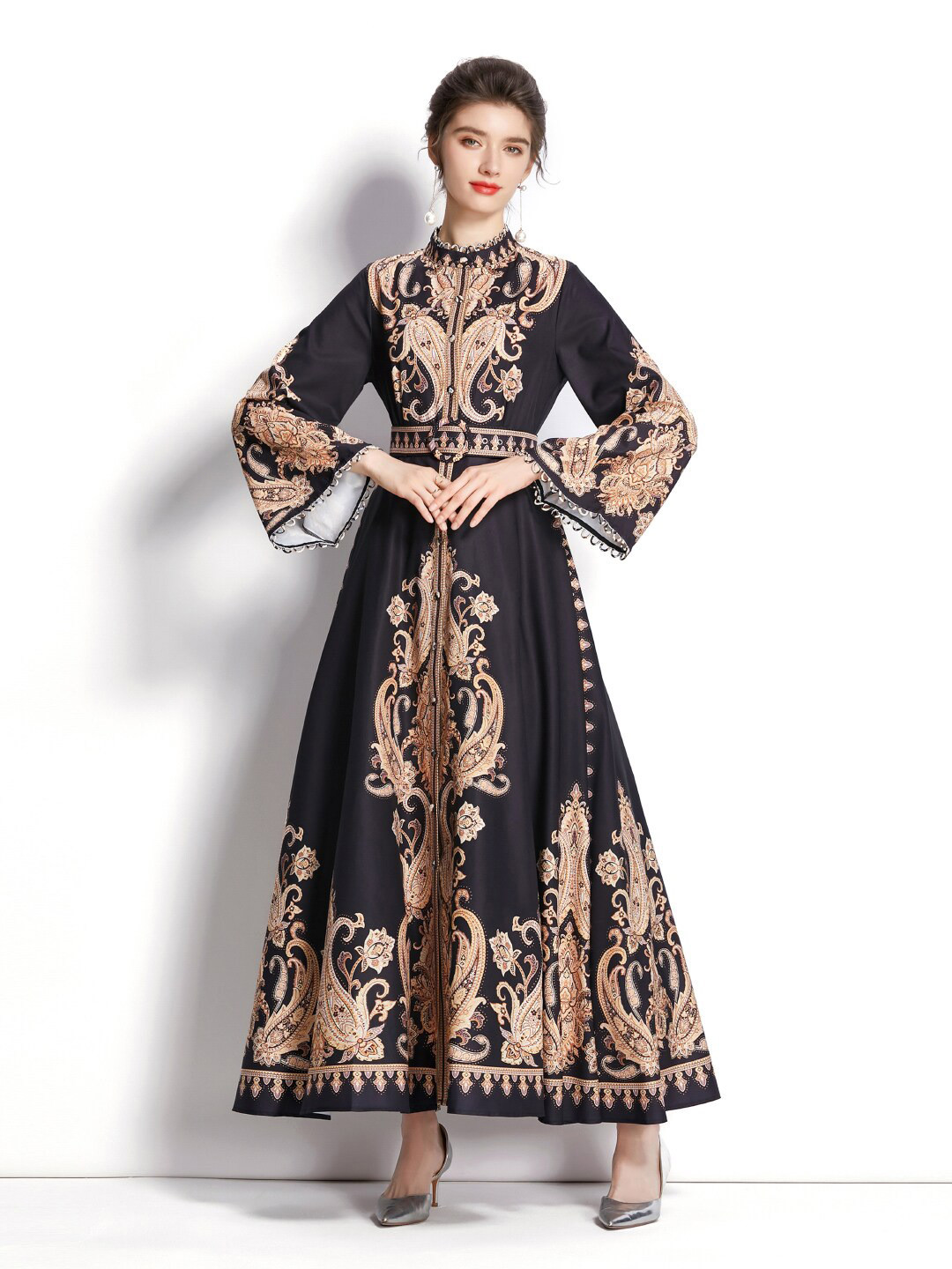JC Collection Paisley Printed Bell Sleeve Belted Fit & Flare Maxi Dress