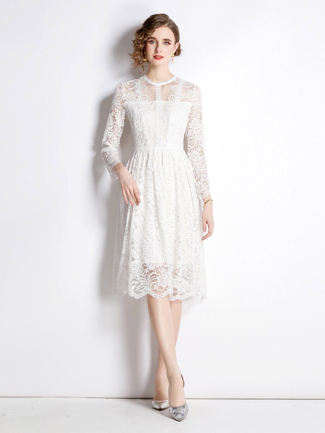 Midi white long shops sleeve dress