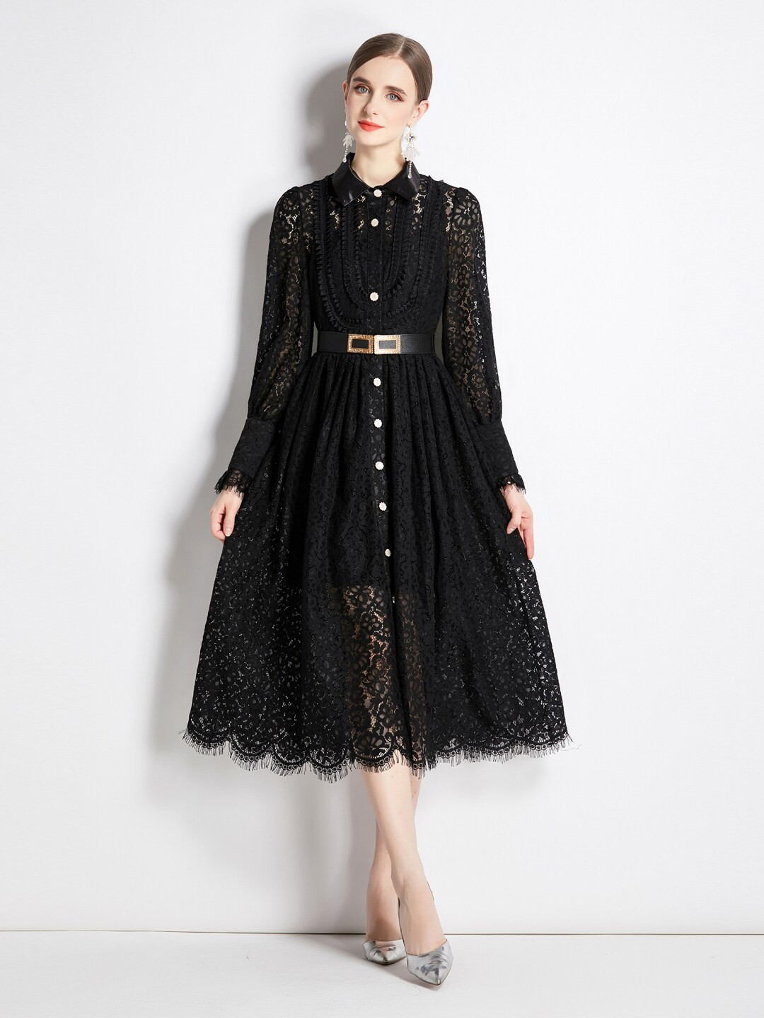 JC Collection Mandarin Collar Self Design Midi Dress