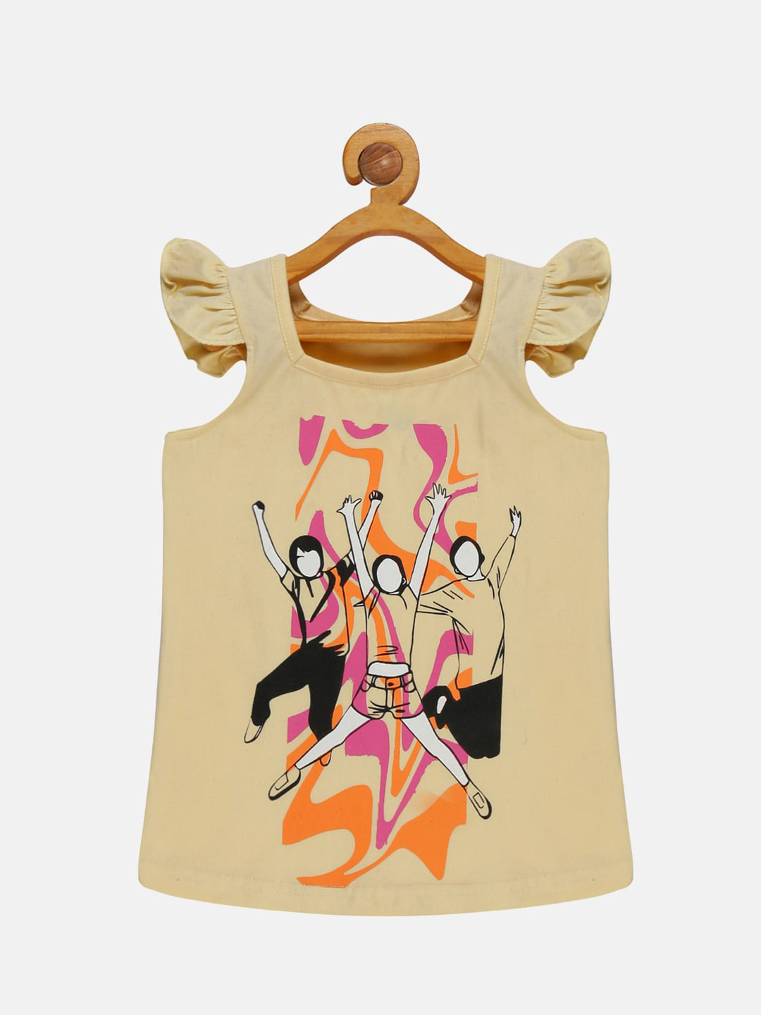 KiddoPanti Girls Graphic Printed Ruffled Sleeves Pure Cotton T-shirt