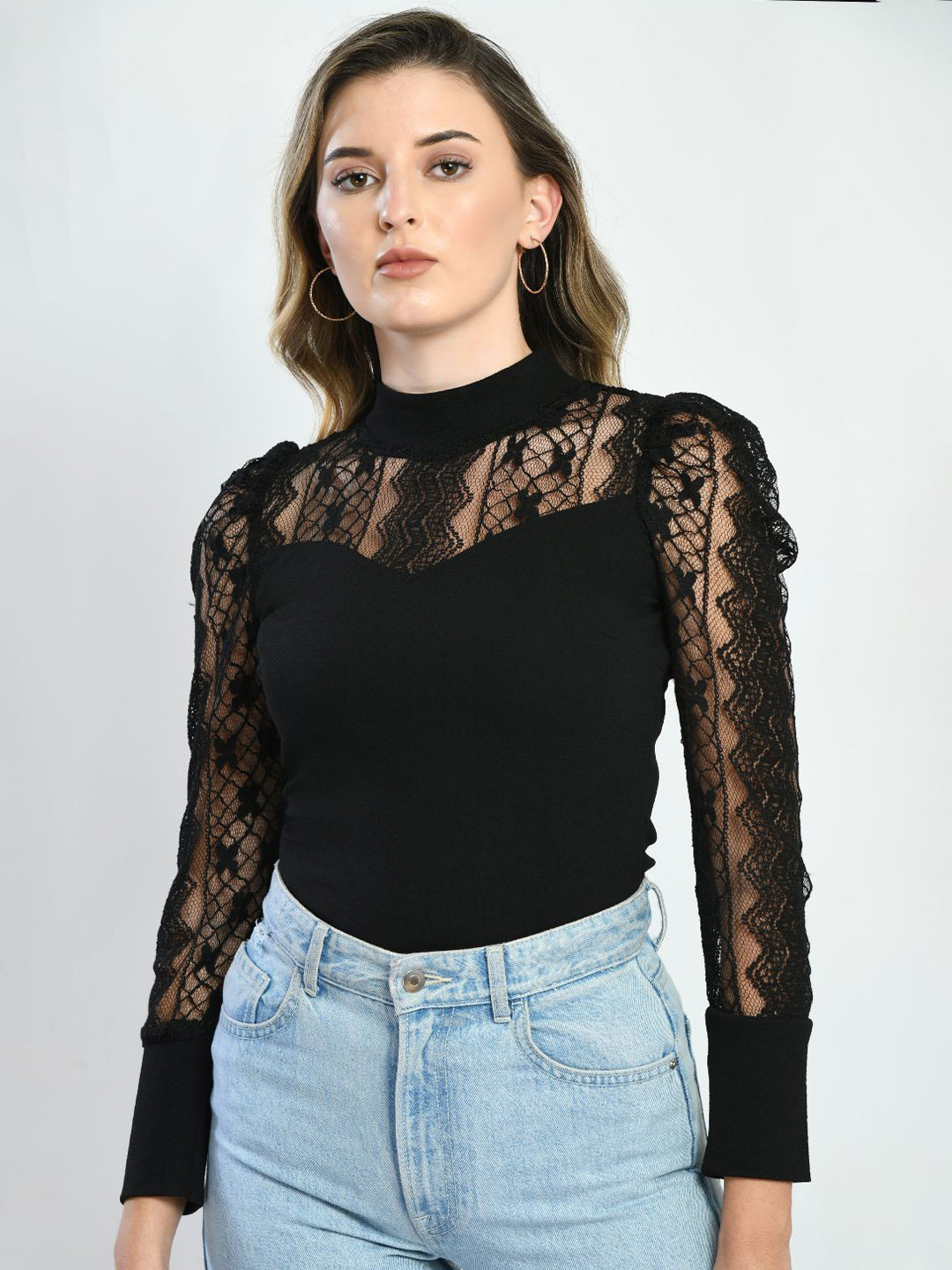 IUGA Black High Neck Lace Sleeve Party Top