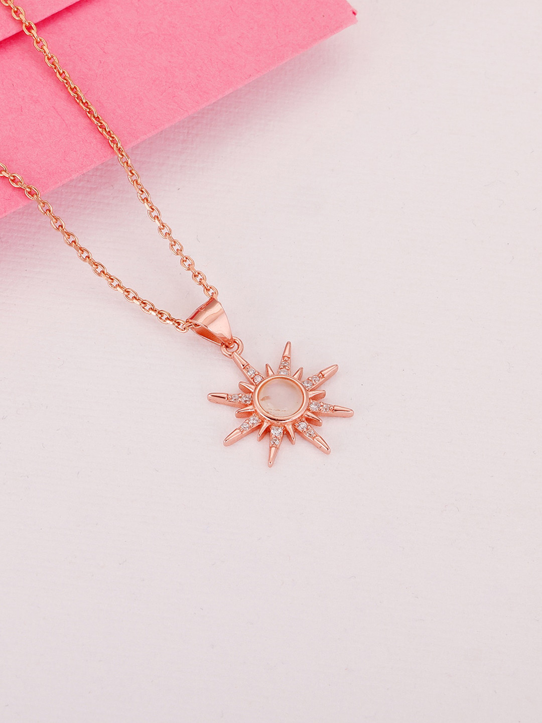 GIVA 925 Sterling Rose Gold Plated CZ-Studded & Solar Flare Pendent With Link Chain