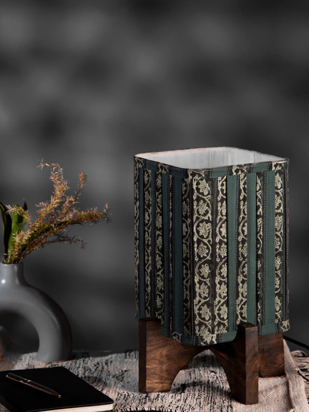 green girgit Green & Black Block Printed Wooden Table Lamp