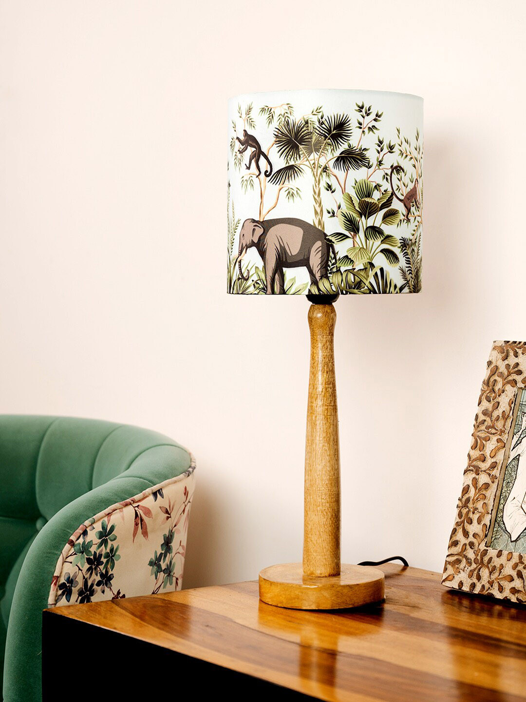 green girgit White & Brown Jungle Printed Wooden Table Lamp