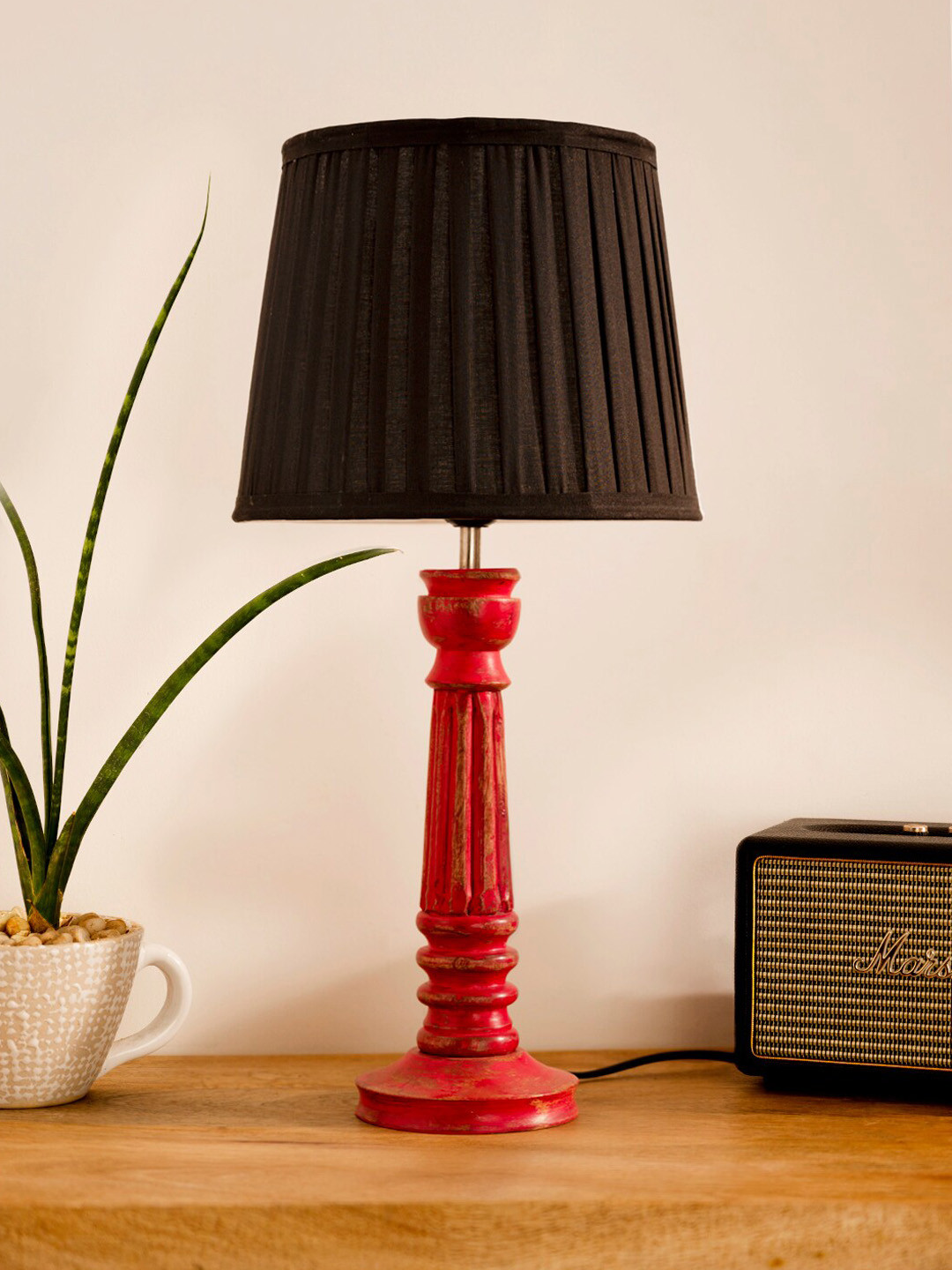 green girgit Pink & Black Pillar Wooden Pillar Table Lamp With Pleated Soft Shade