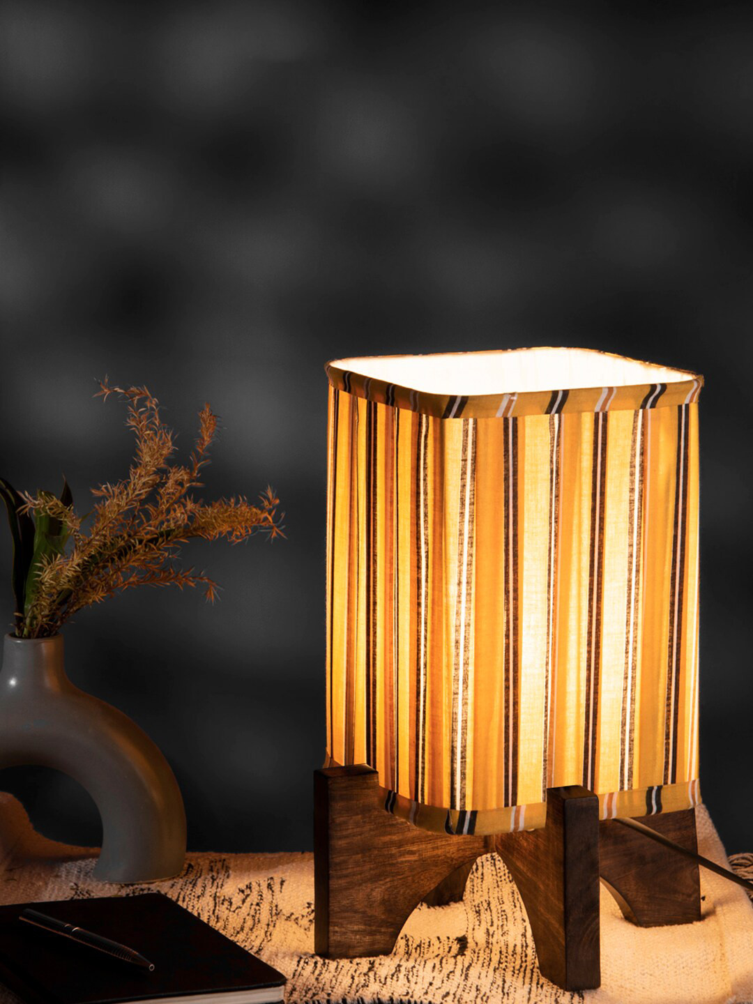 green girgit Yellow & Brown Striped Wooden  Table Lamp With Pleated Shade