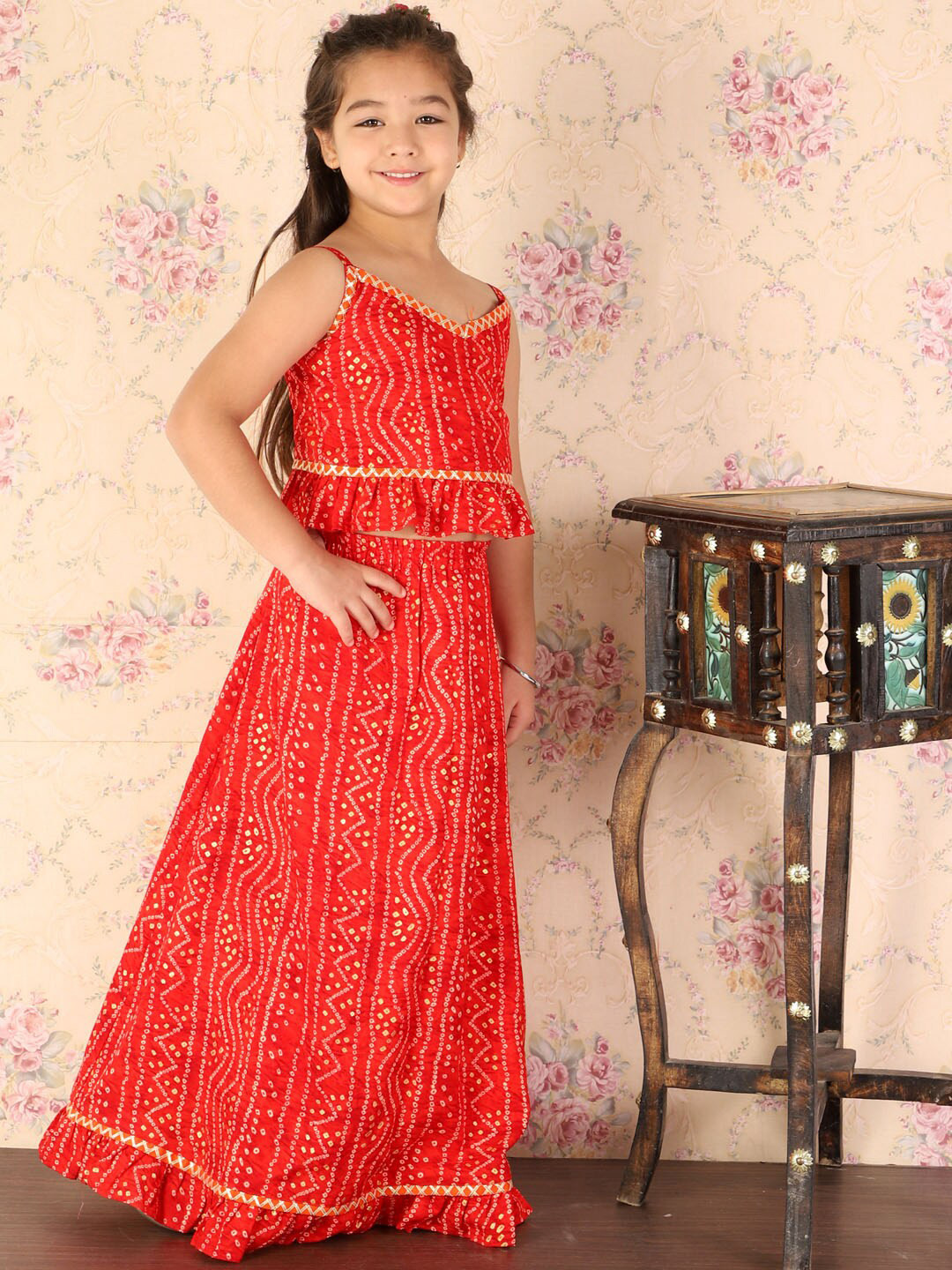 VASTRAMAY Girls Bandhani Printed Ready to Wear Crop Top And Skirt Set