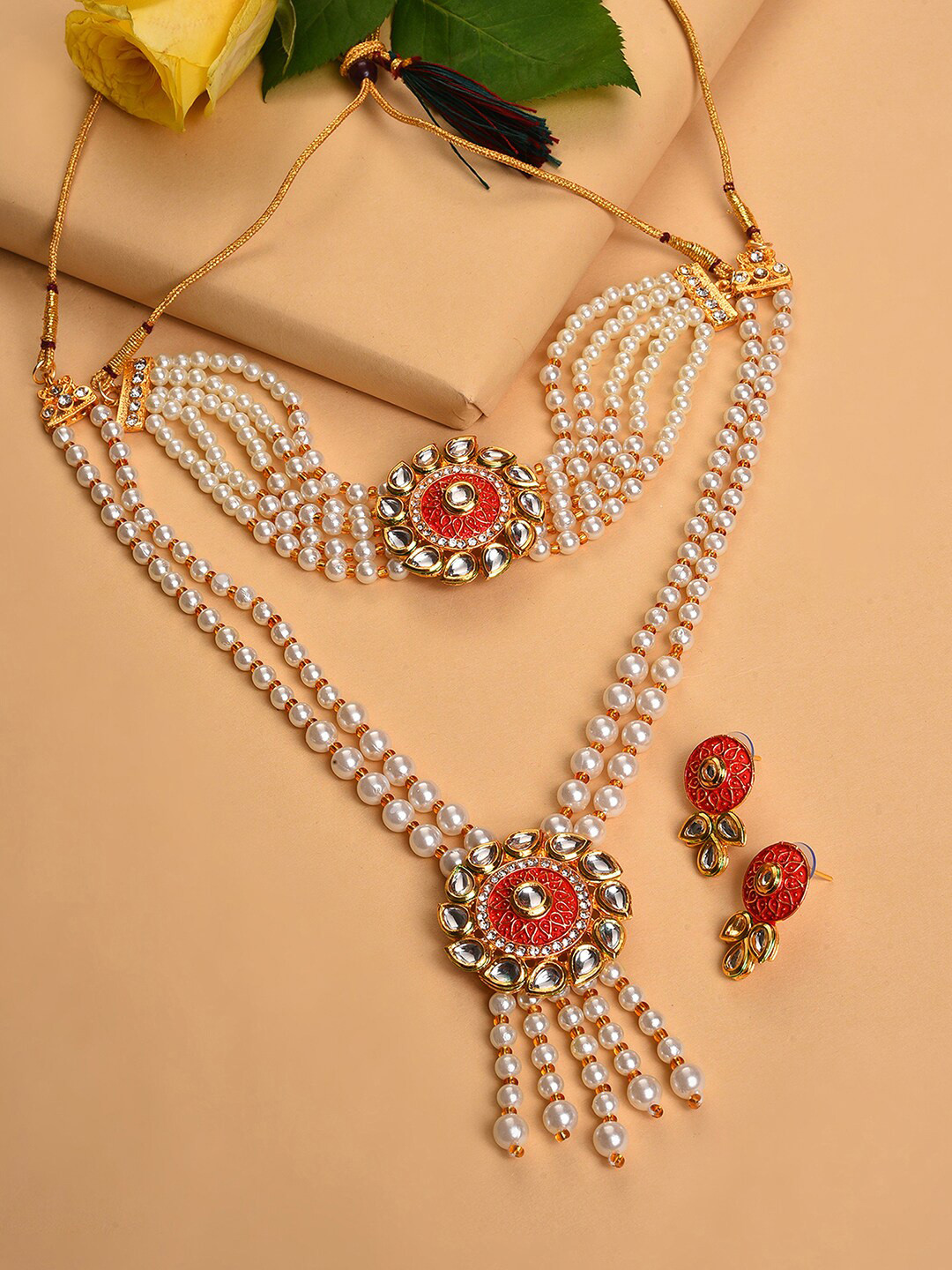 SOHI Gold-Plated Pearl-Studded Necklace & Earrings Set