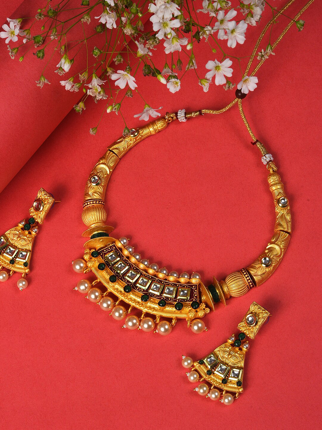 SOHI Gold-Plated Stones Studded & Beaded Necklace & Earrings Set