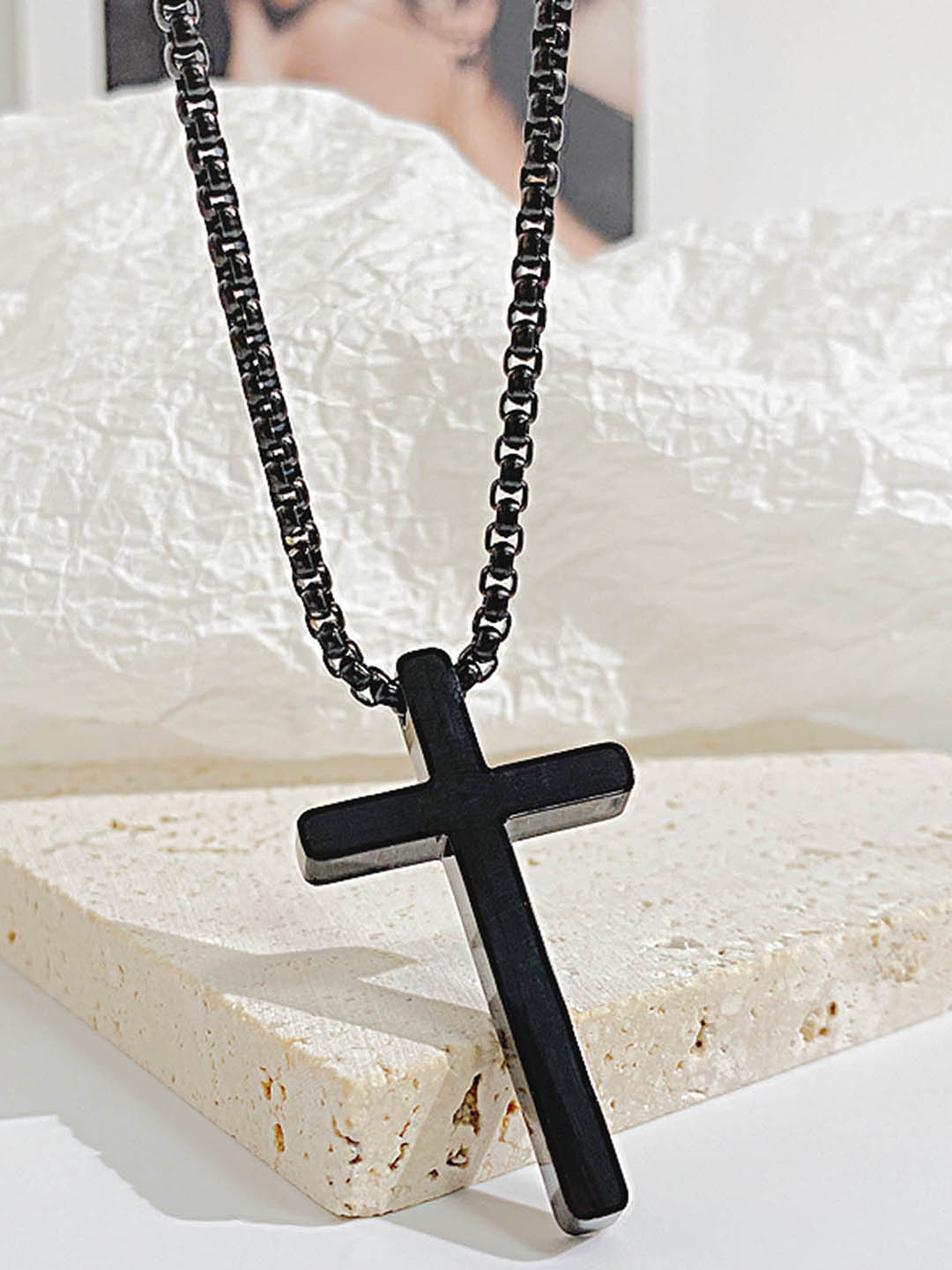 Peora Black Plated Christian Cross Contemporary Pendant With Chain