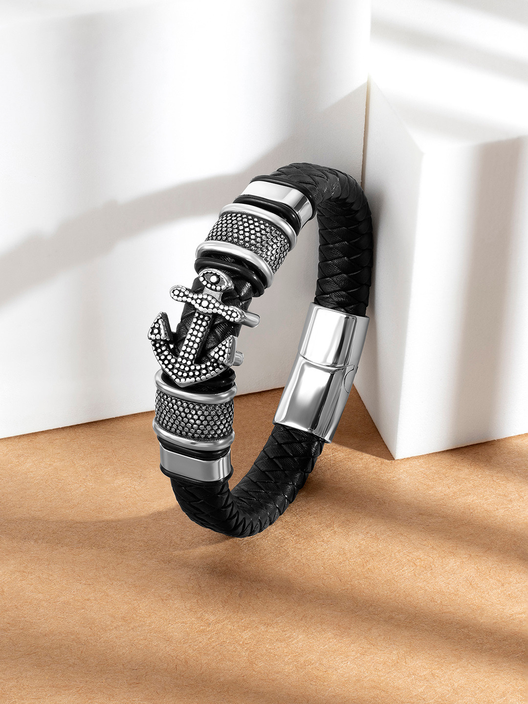 Peora Men Silver-Plated Leather Wraparound Bracelet