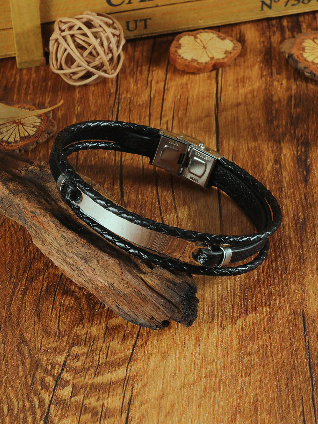 Peora Men Silver-Plated Leather Wraparound Bracelet