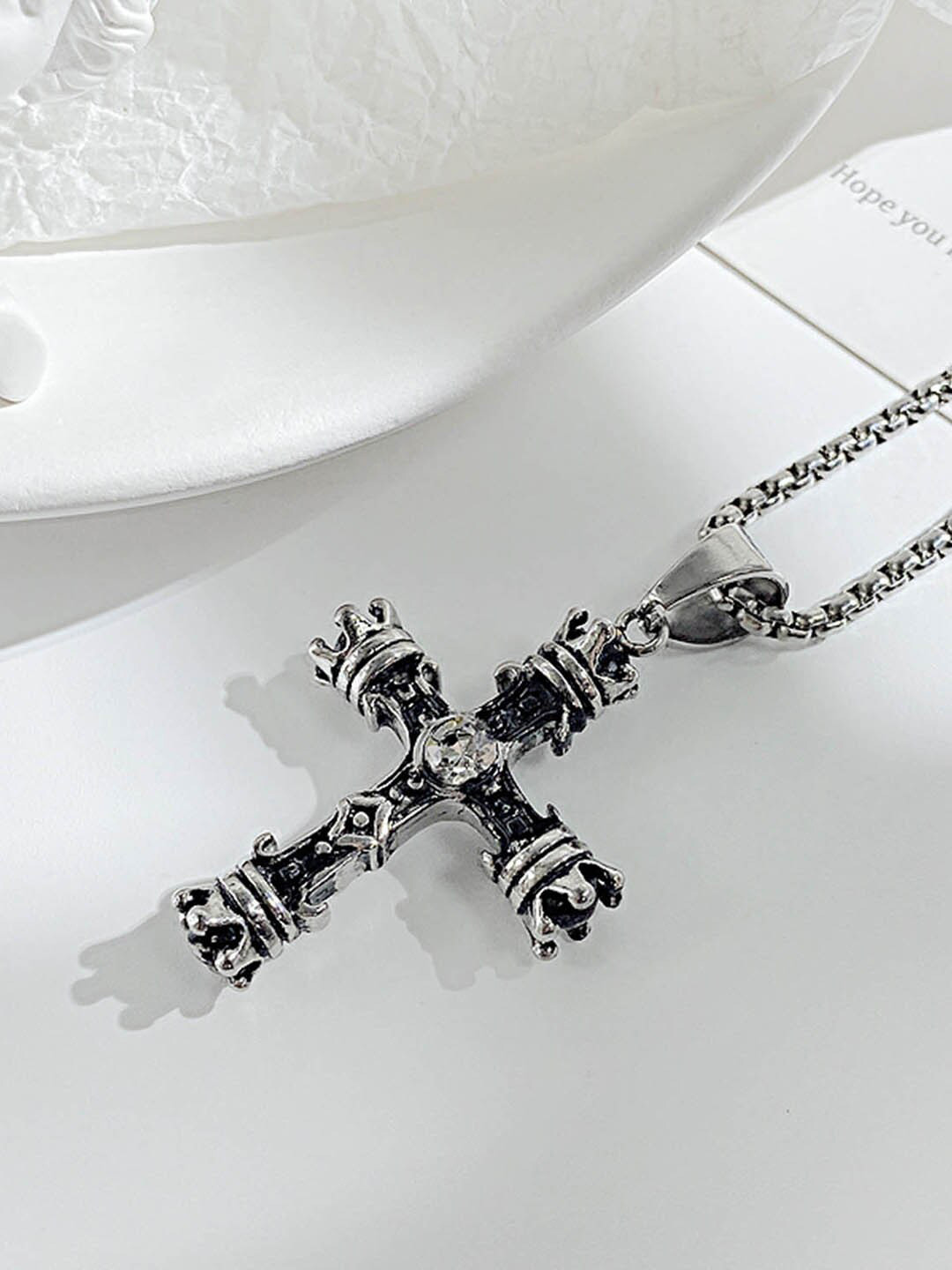 Peora Silver-Plated Stainless Steel Cross Pendant Chain