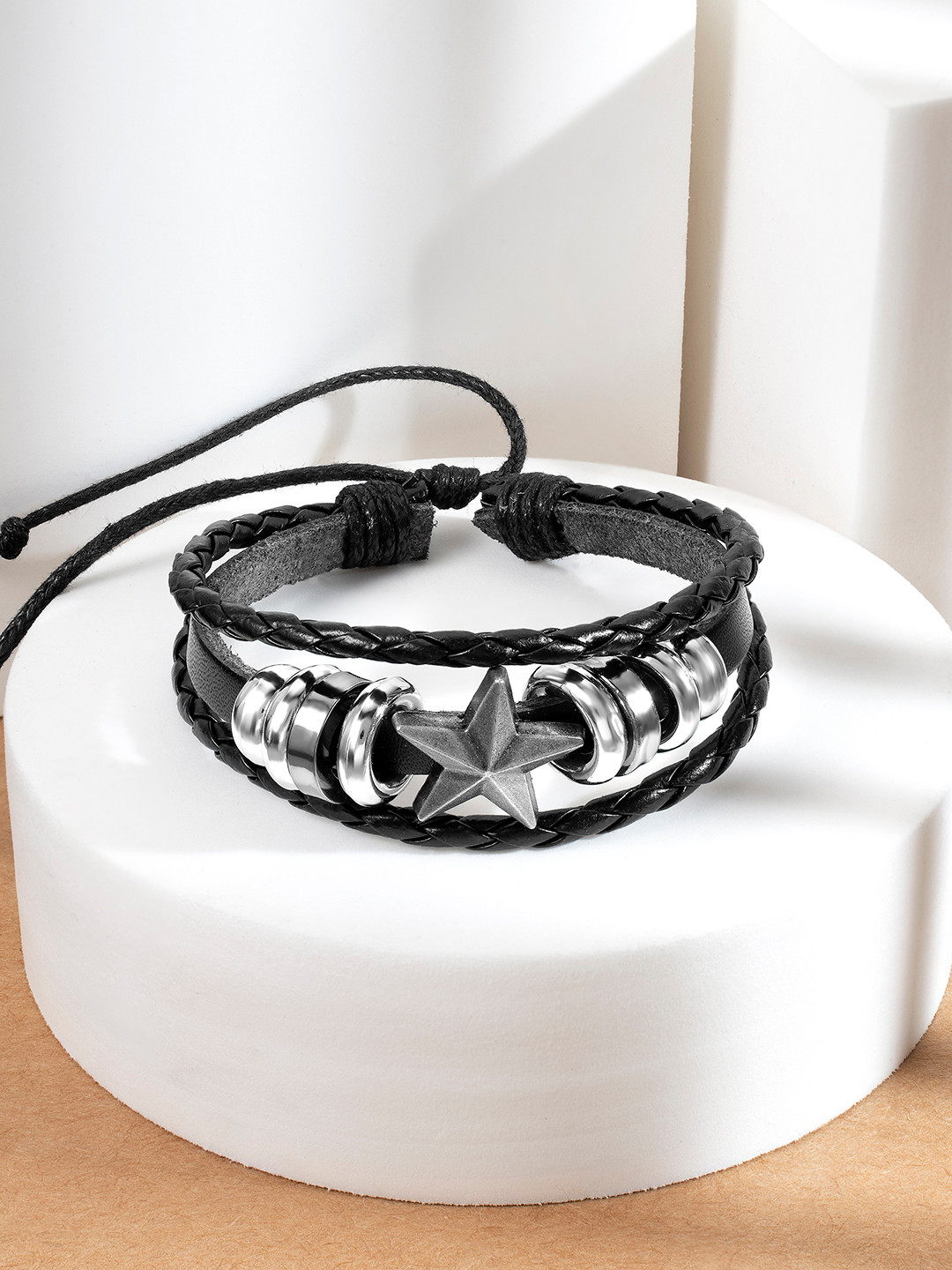 Peora Men Silver-Toned & Black Silver-Plated Wraparound Bracelet