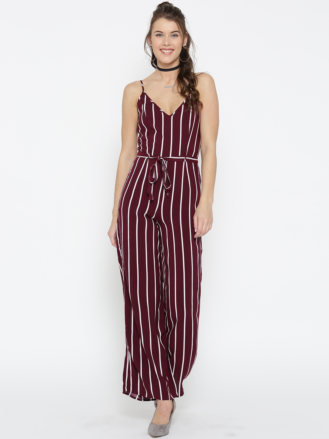 Burgundy store striped jumpsuit