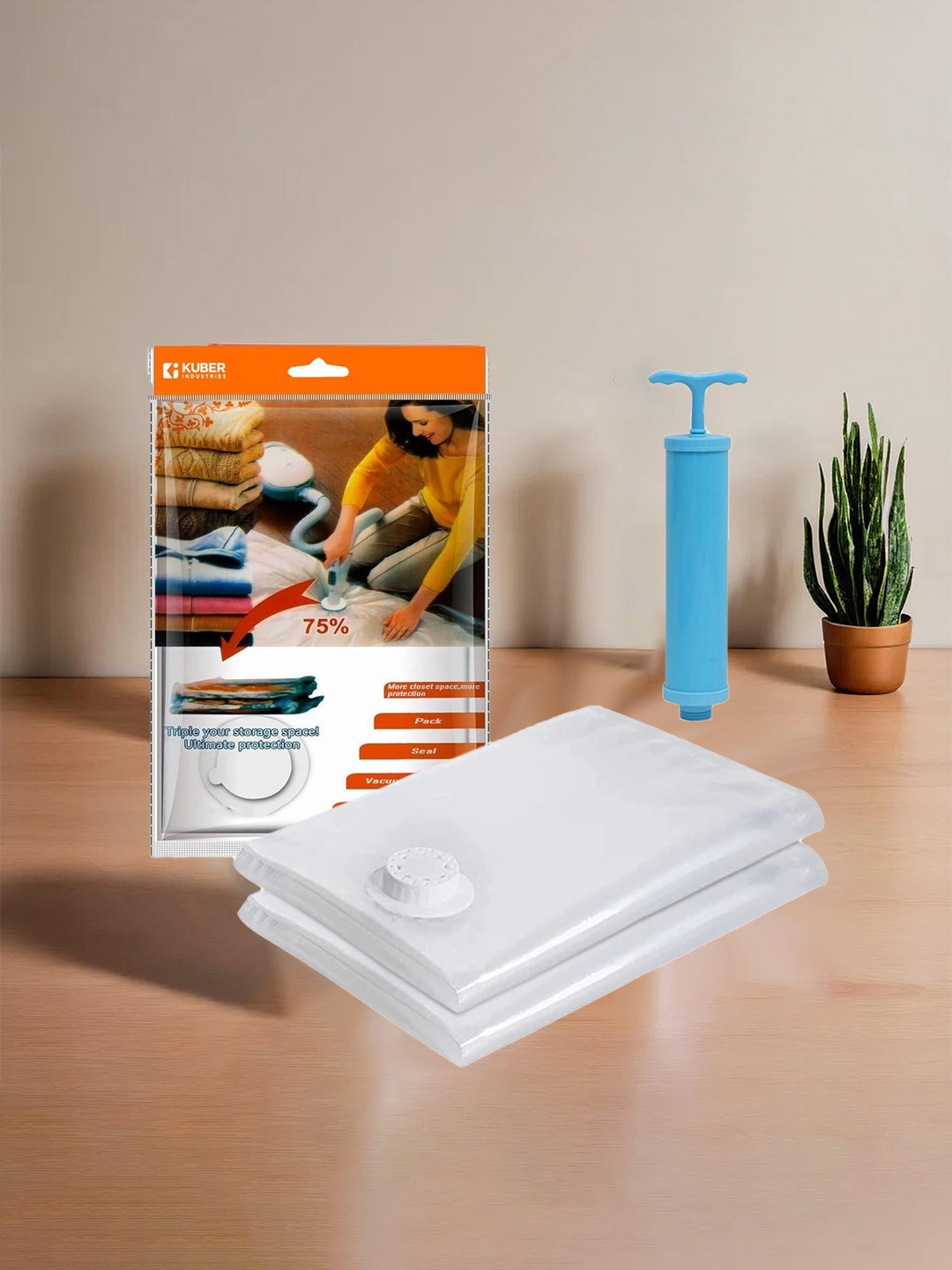 Kuber Industries Transparent 2Pcs Vacuum Storage Bags With Hand Pump