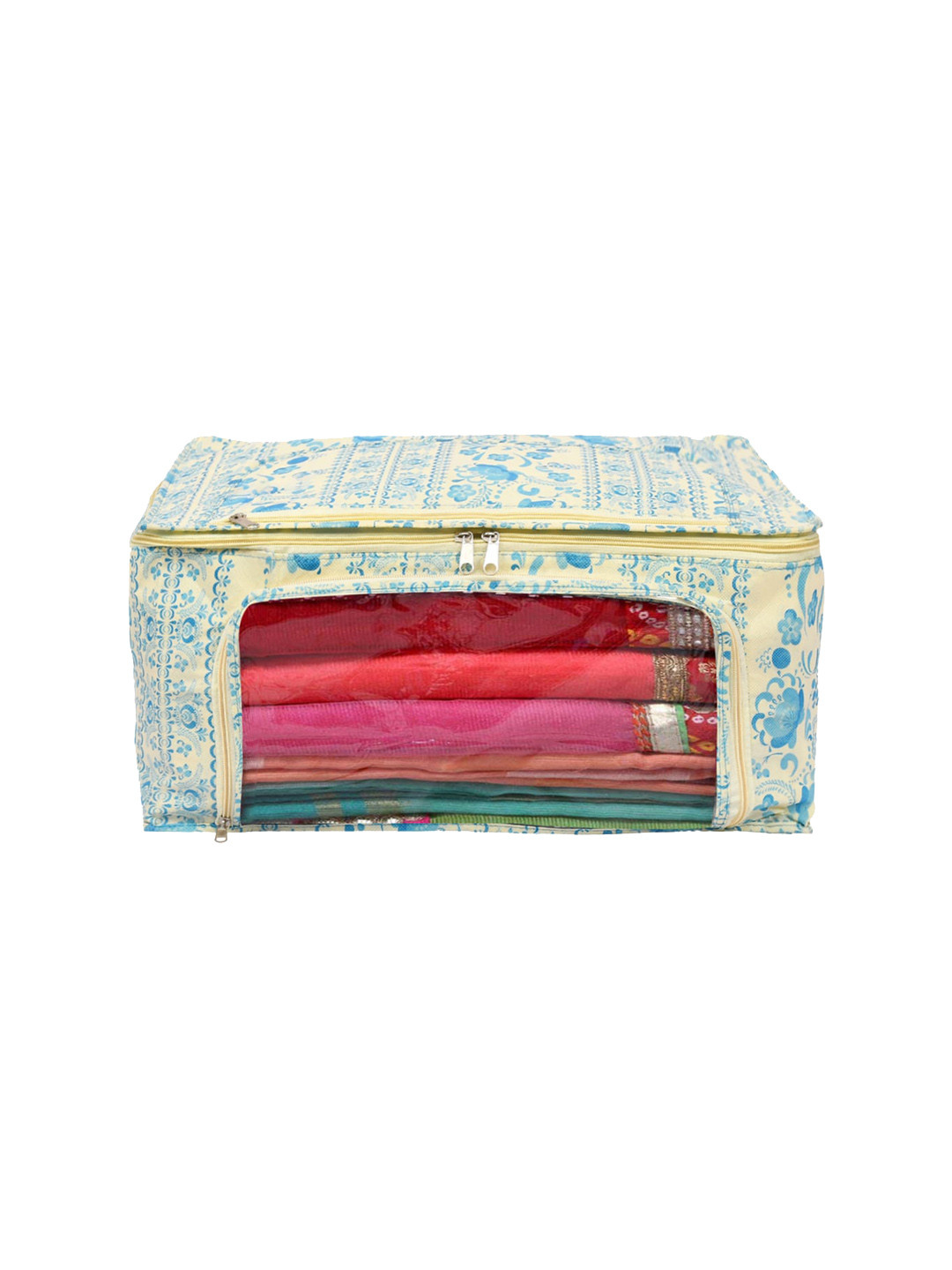 Kuber Industries Cream-Colored & Blue Floral Printed Non-Woven Saree Cover With Large Pocket