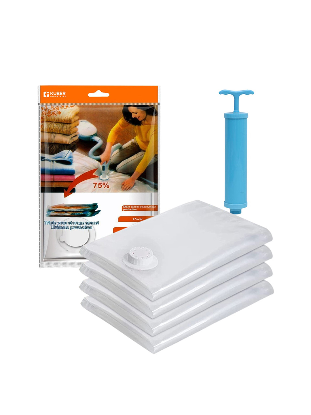 Kuber Industries Transparent 4-Pcs Vacuum Storage Bags With Hand Pump