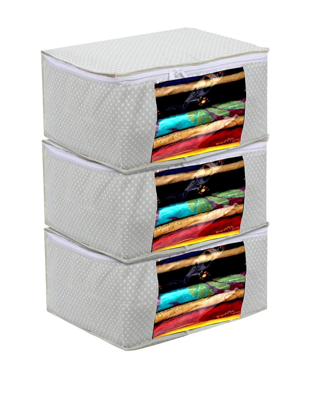 Kuber Industries 3Pcs Grey & White Printed Cotton Foldable Water Resistant Saree Organiser