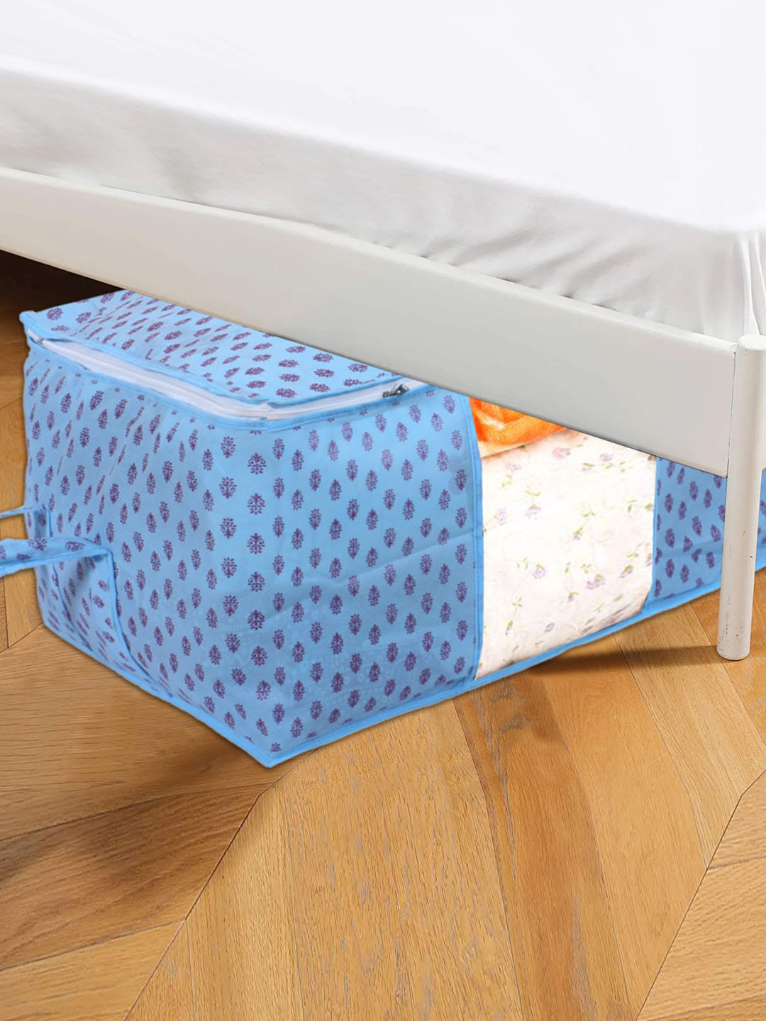 Kuber Industries Blue 2-Pcs Floral Printed Non-Woven Underbed Zippered & Handle Organisers