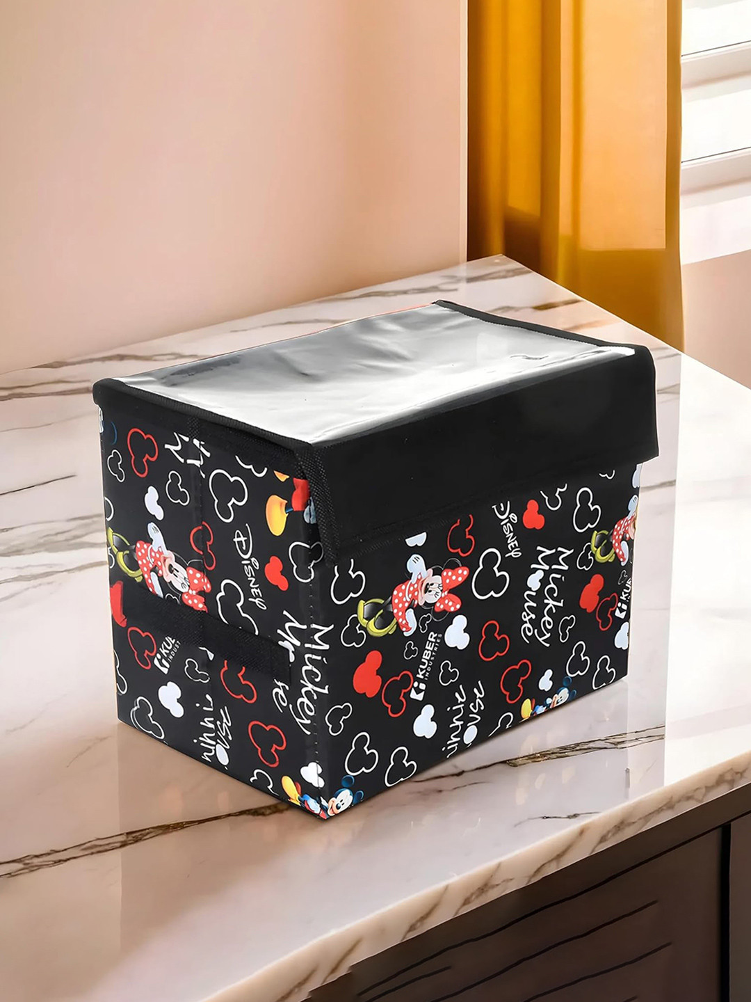 Kuber Industries Black & Red Printed Reusable Storage Box With Transparent Lid & Handle