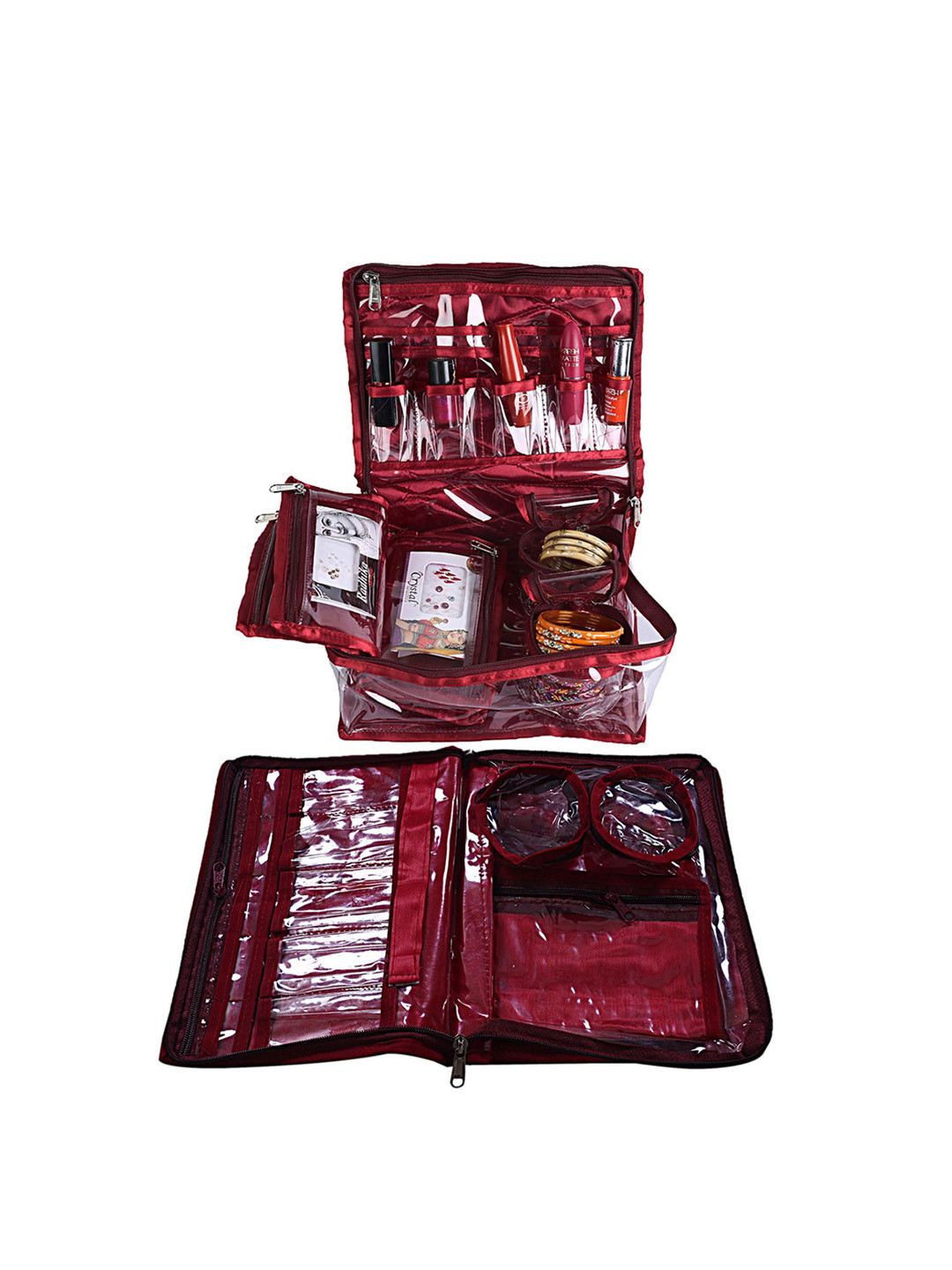 Kuber Industries Maroon 2 Pcs Printed Portable Jewellery Organisers With 4 Pouches