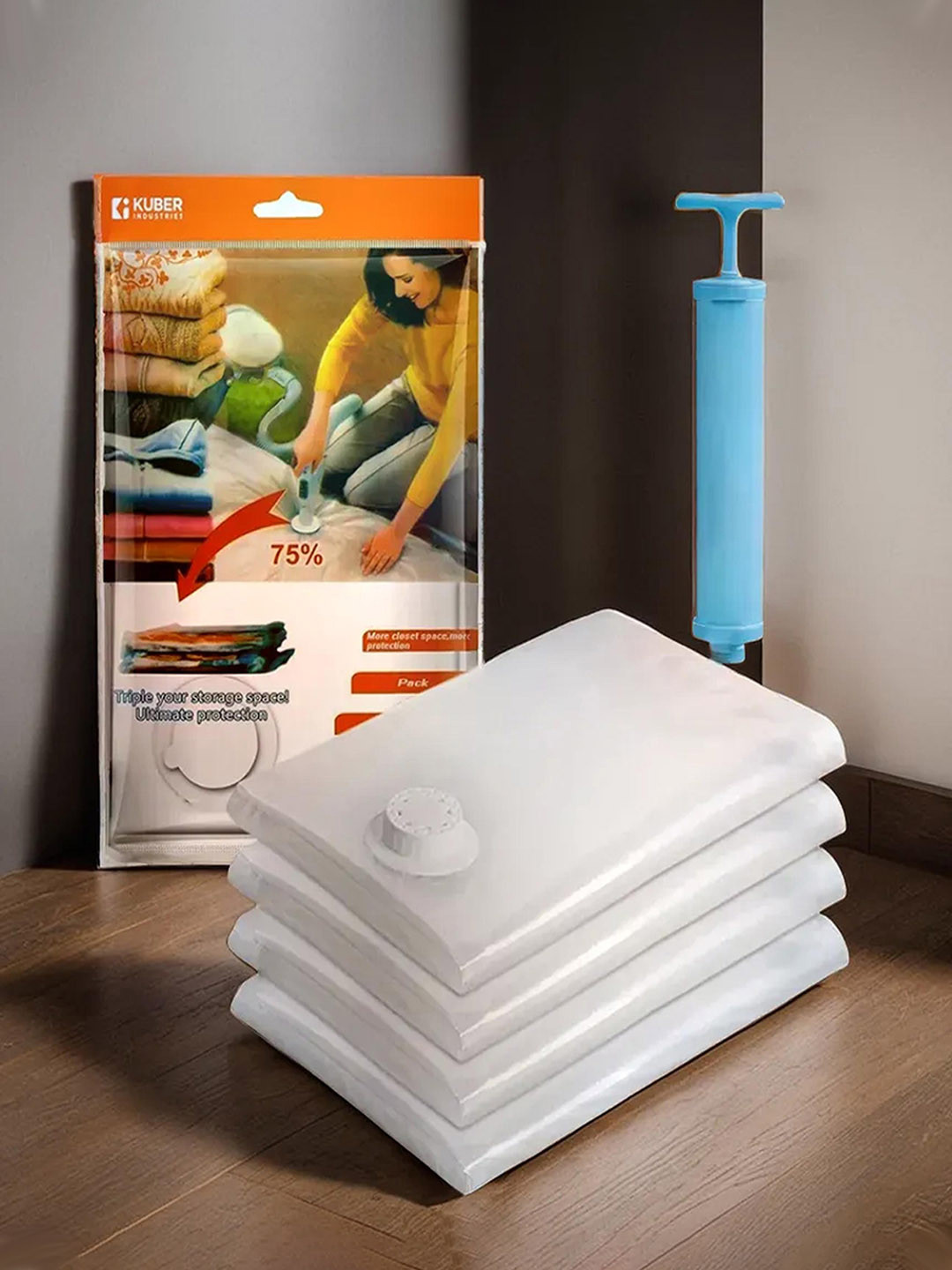 Kuber Industries Transparent 4 Pieces Vacuum Storage Bags With Hand Pump